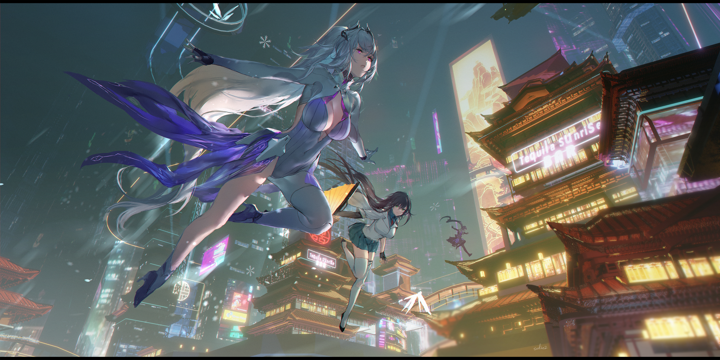 Anime 2800x1400 anime anime girls city city lights Swd3e2 cyberpunk ALYSS Tower of Fantasy two women long hair