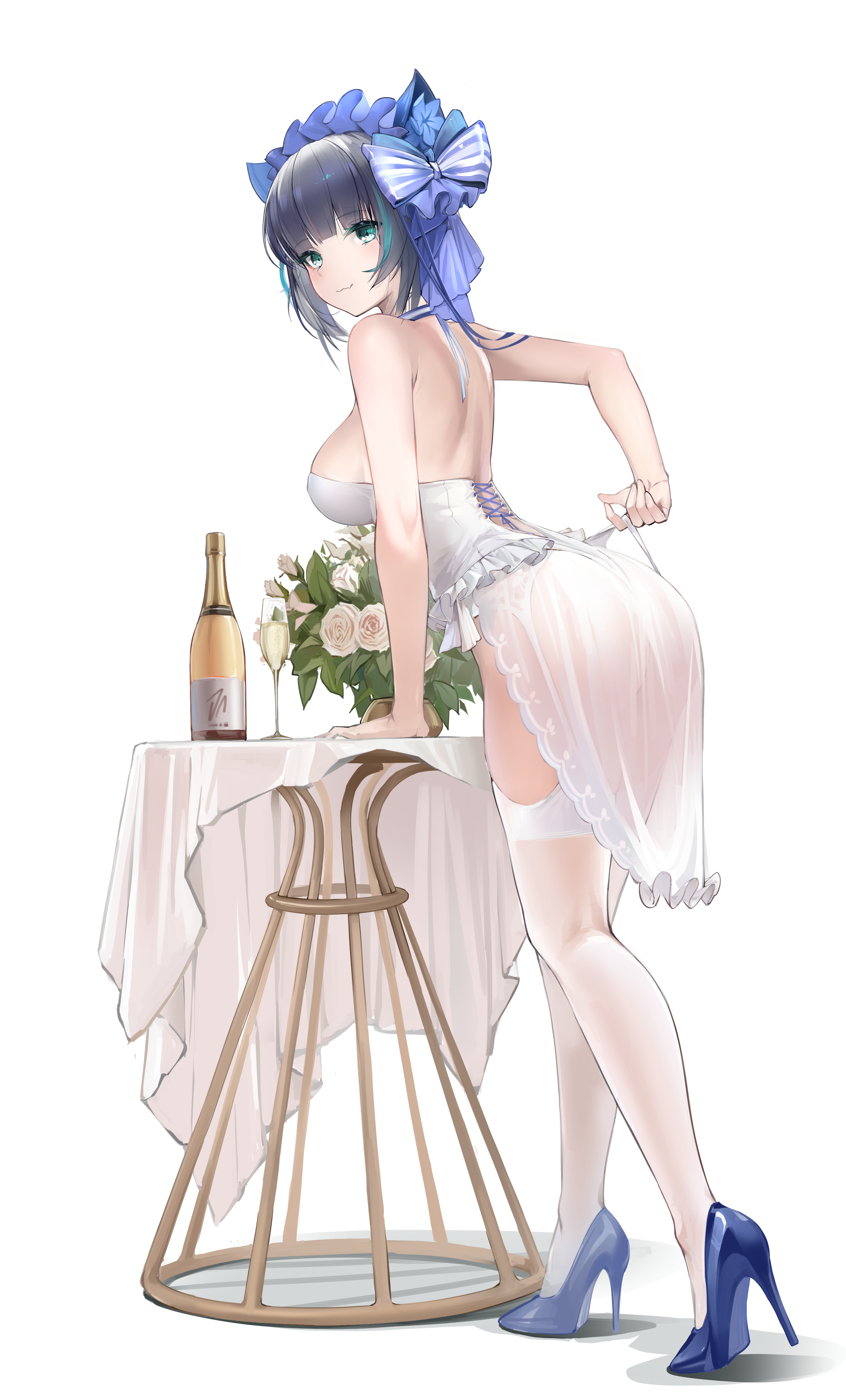Anime 2986x4941 HMS Cheshire Azur Lane anime girls dress stockings blue eyes heels big boobs bareback flowers champagne wine glass