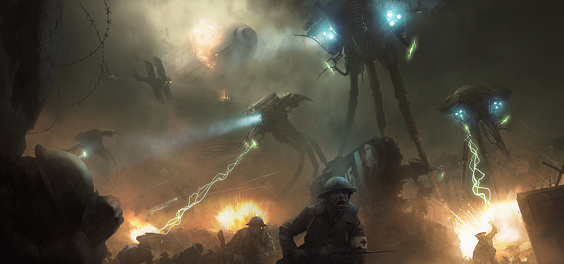 General 1920x899 science fiction high tech aliens War of the Worlds biplane fire smoke xenos war tripods