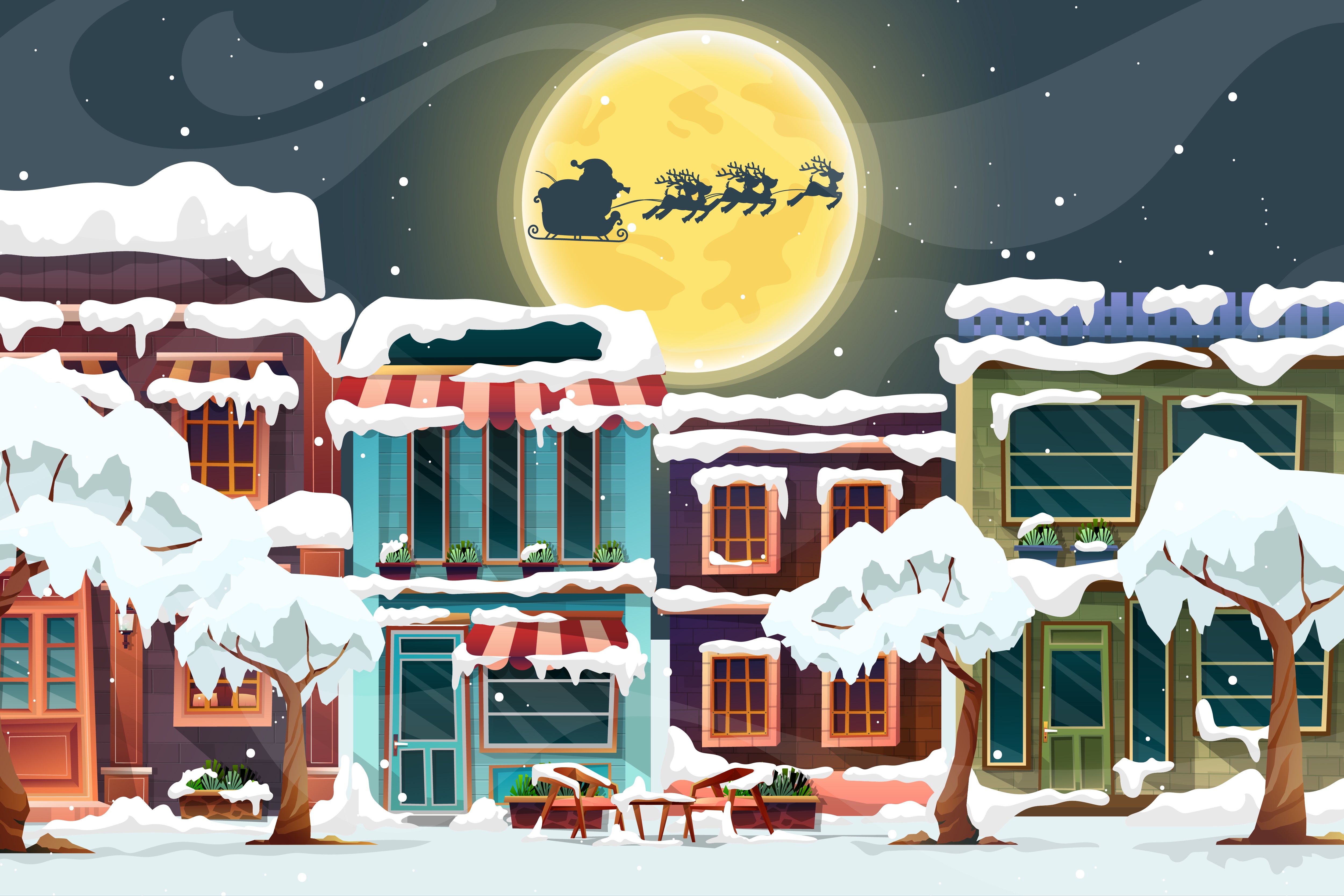 General 5000x3334 Christmas Santa Claus snow Moon house building trees reindeer digital art
