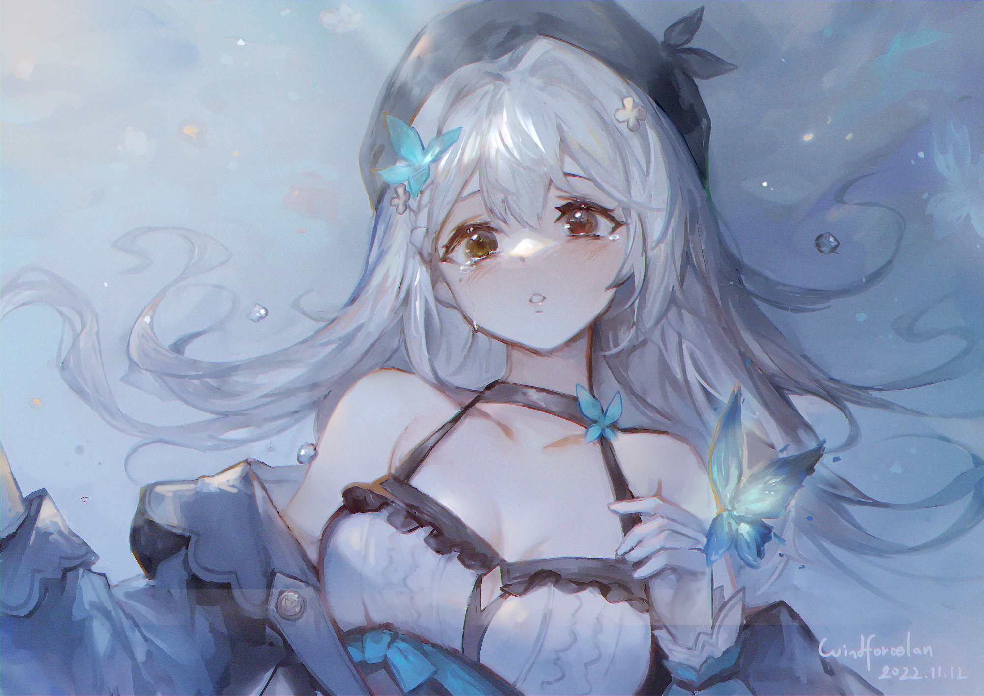 Anime 2000x1414 anime girls butterfly tears crying white hair lying on back