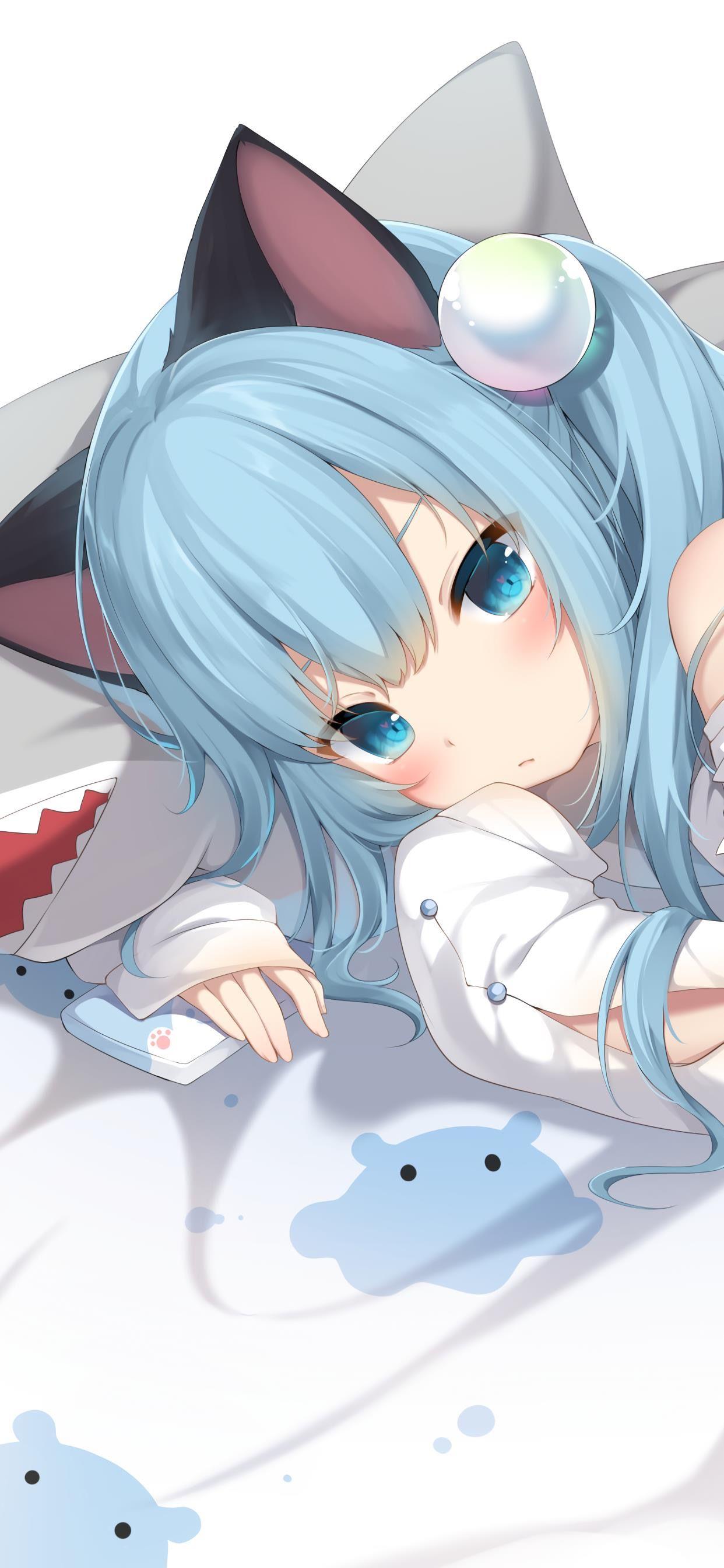 Anime 1242x2688 blue eyes cat girl portrait display anime girls cat ears blushing looking at viewer lying on front