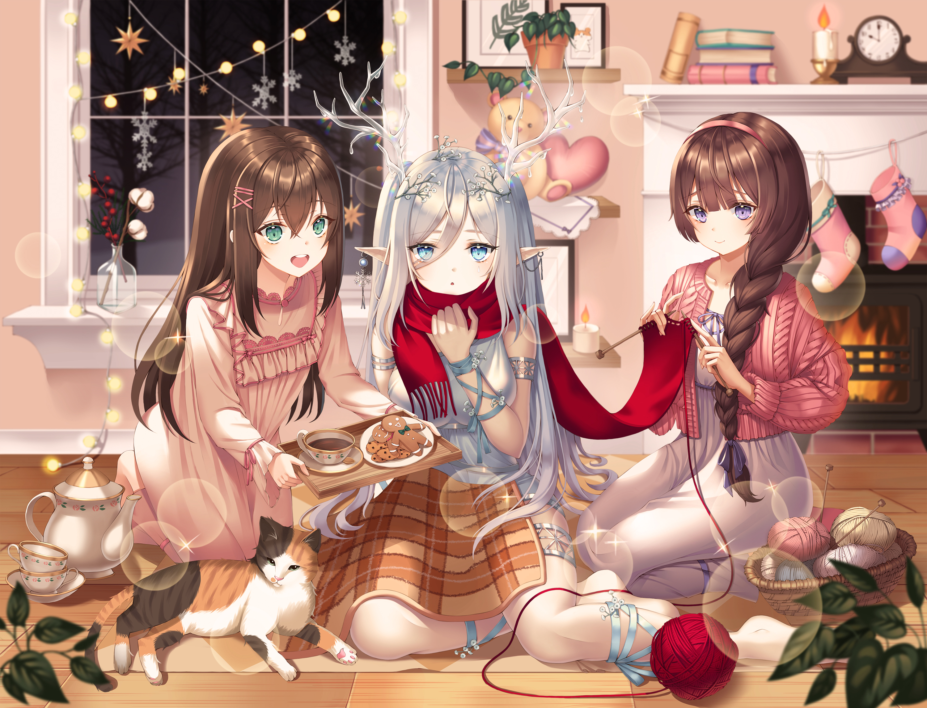 Anime 3000x2292 anime girls pointy ears scarf cats leaves braids Christmas cookies snowflakes sweater animals fireplace stars