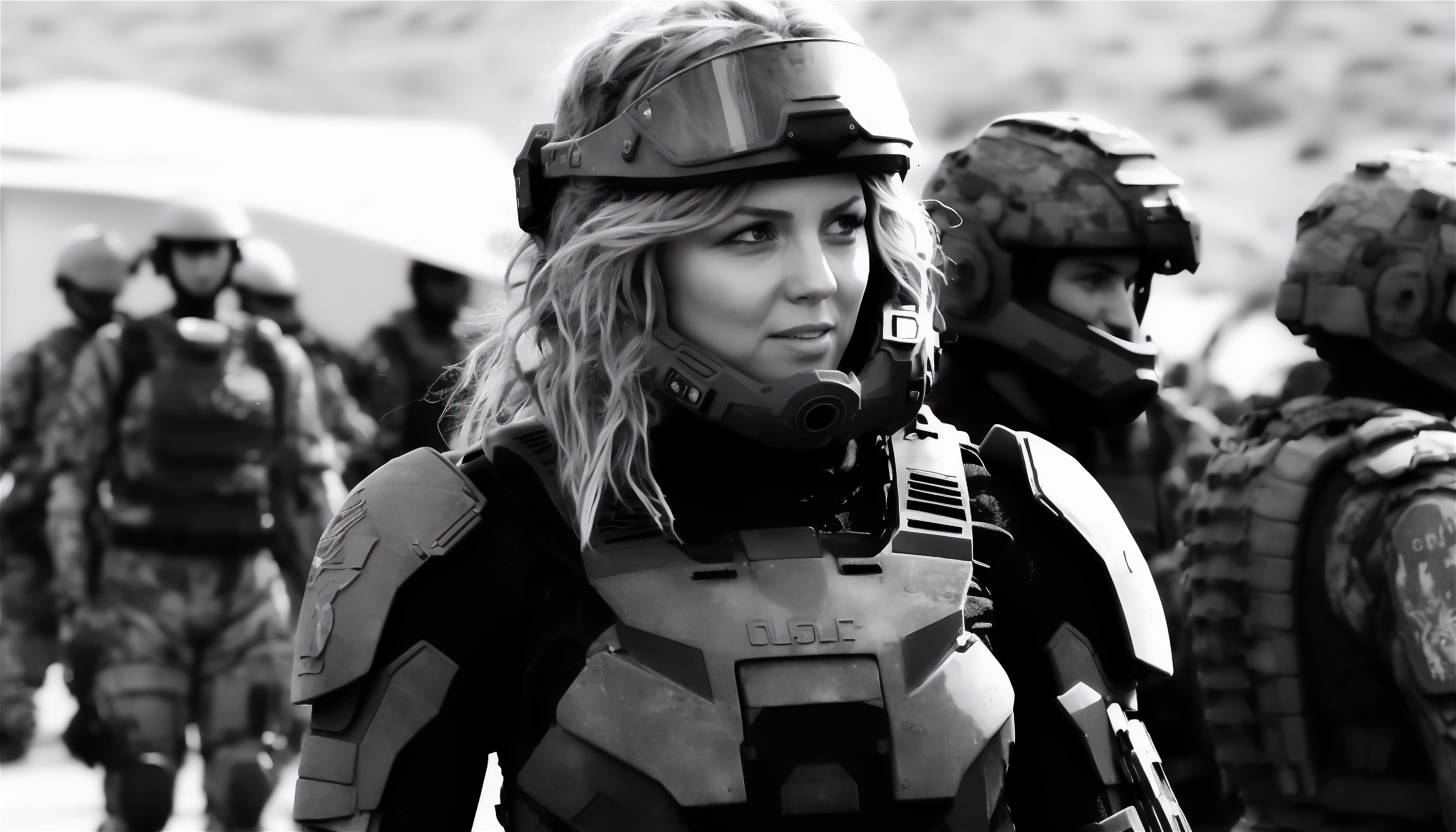General 3136x1792 AI art women blonde female soldier science fiction armor monochrome