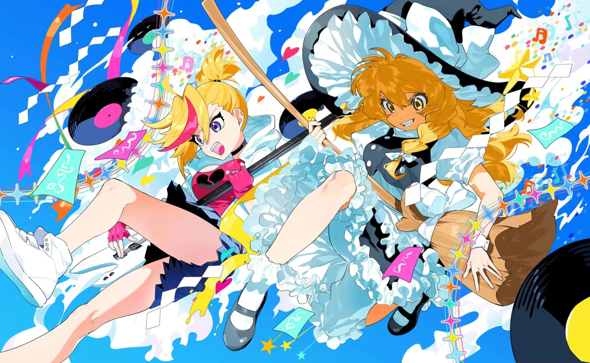 Anime 2048x1260 MuseDash buro marija anime girls colorful Touhou crossover witch's broom stars vinyl