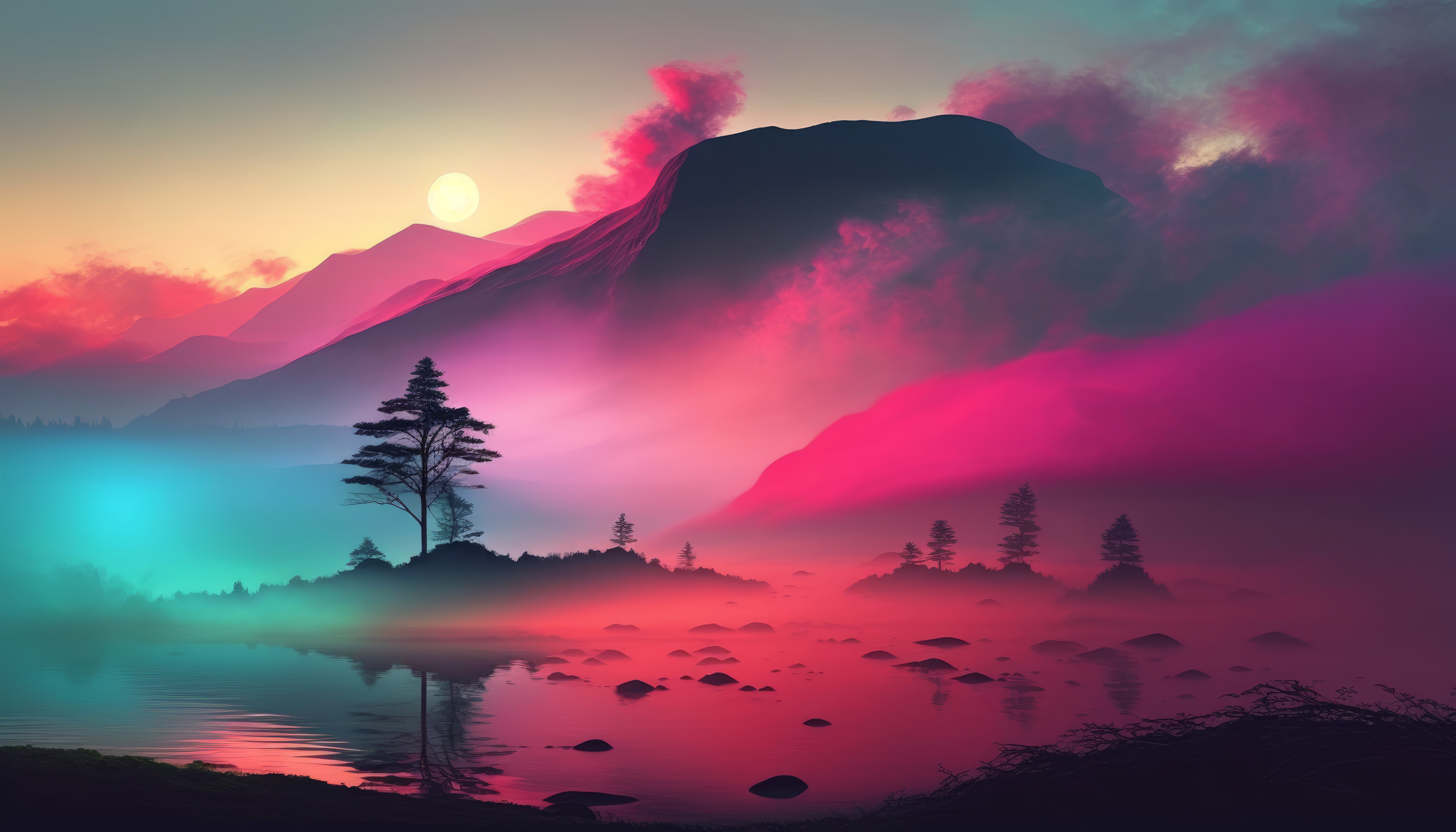 AI art, mist, morning, sunrise, landscape, mountains, lake, nature,  reflection | 4579x2616 Wallpaper 