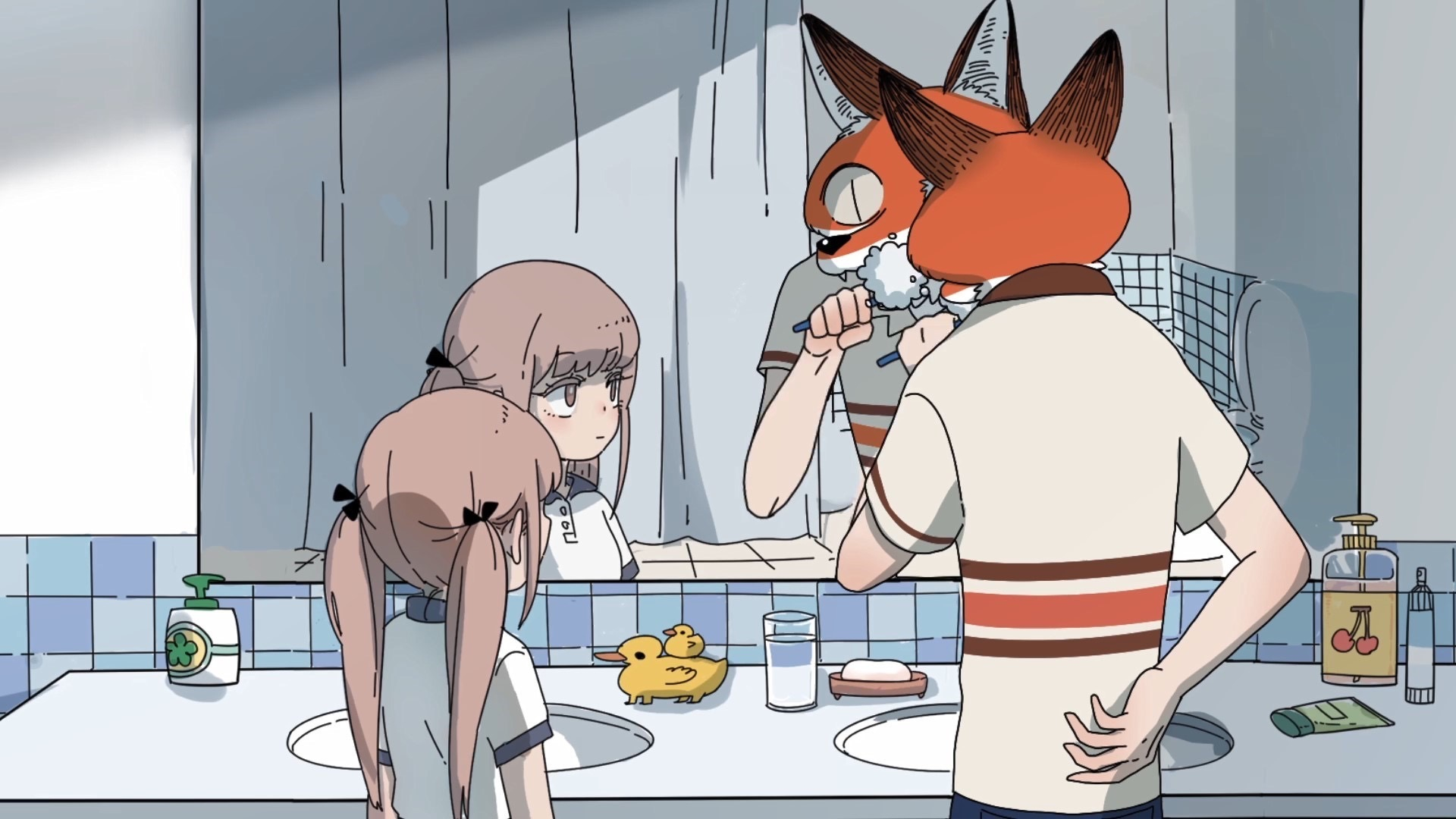 Anime 1920x1080 reflection mirror bathroom twintails anime girls furry toothbrush curtains
