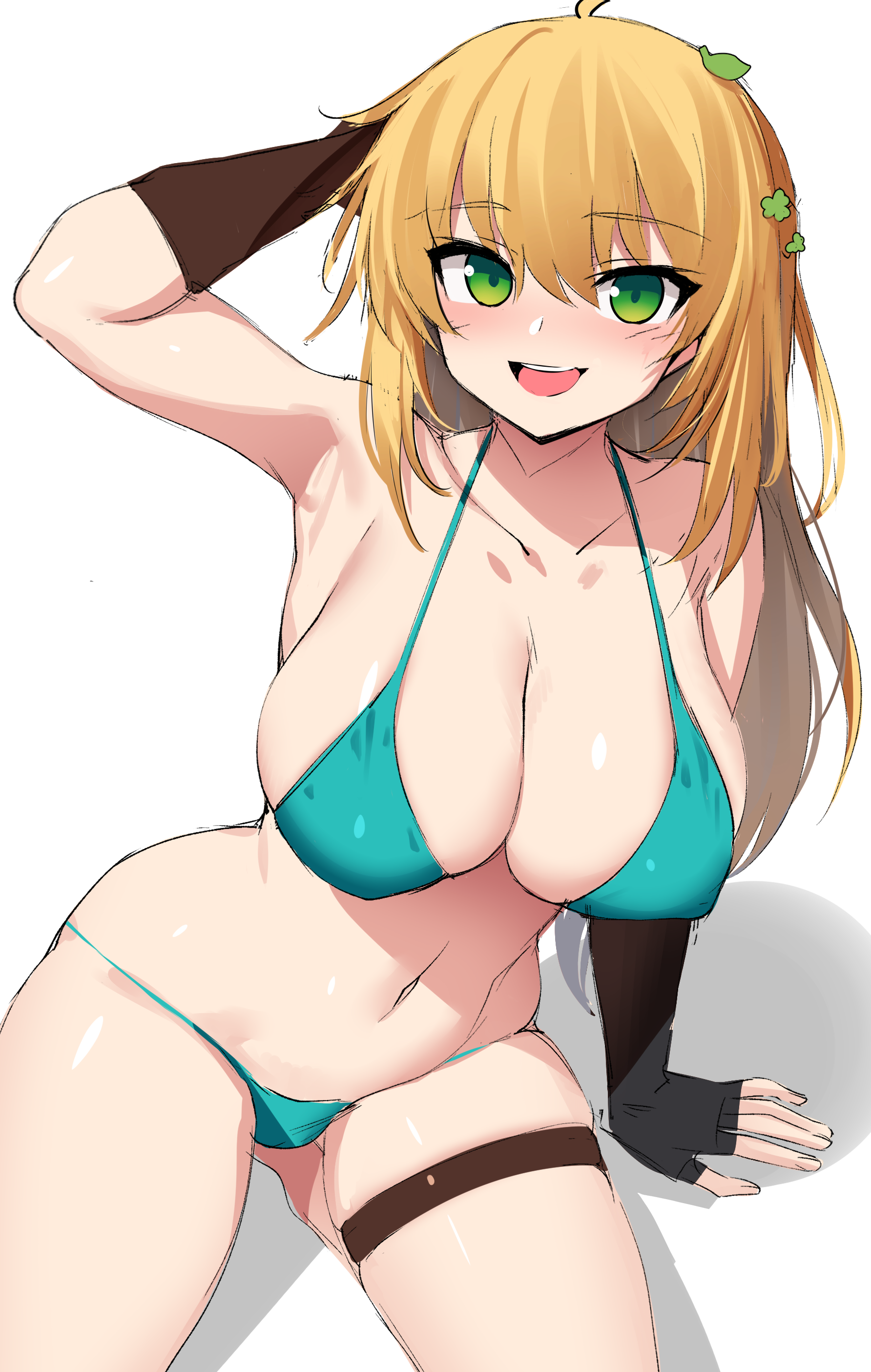 Anime 1784x2810 Guardian Tales video game girls anime girls blonde belly bikini white background Future Knight (Guardian Tales) green eyes looking at viewer gloves big boobs portrait display cleavage blushing