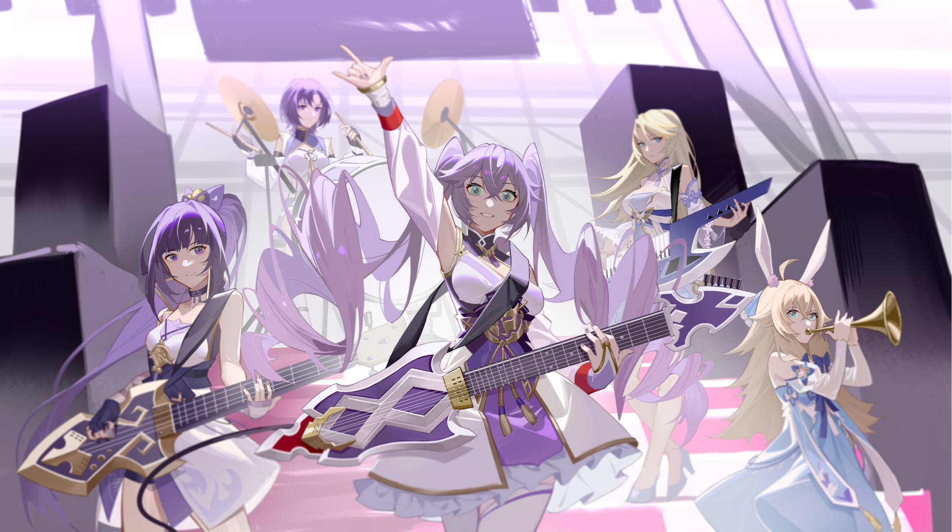 Anime 1930x1080 Asoul anime girls twintails guitar musical instrument trumpet drums stages