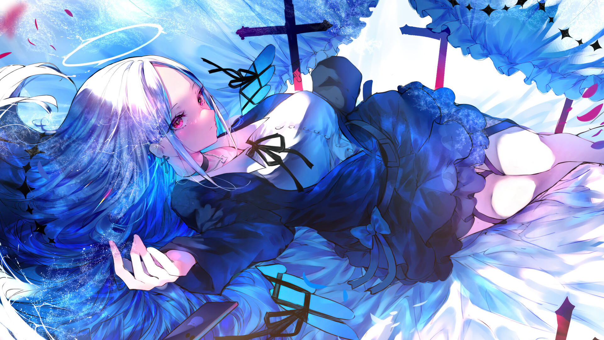 Anime 1920x1080 anime girls long hair silver hair gradient hair lying on side red eyes dress choker halo petals wings phone looking at viewer cross necklace W (artist)