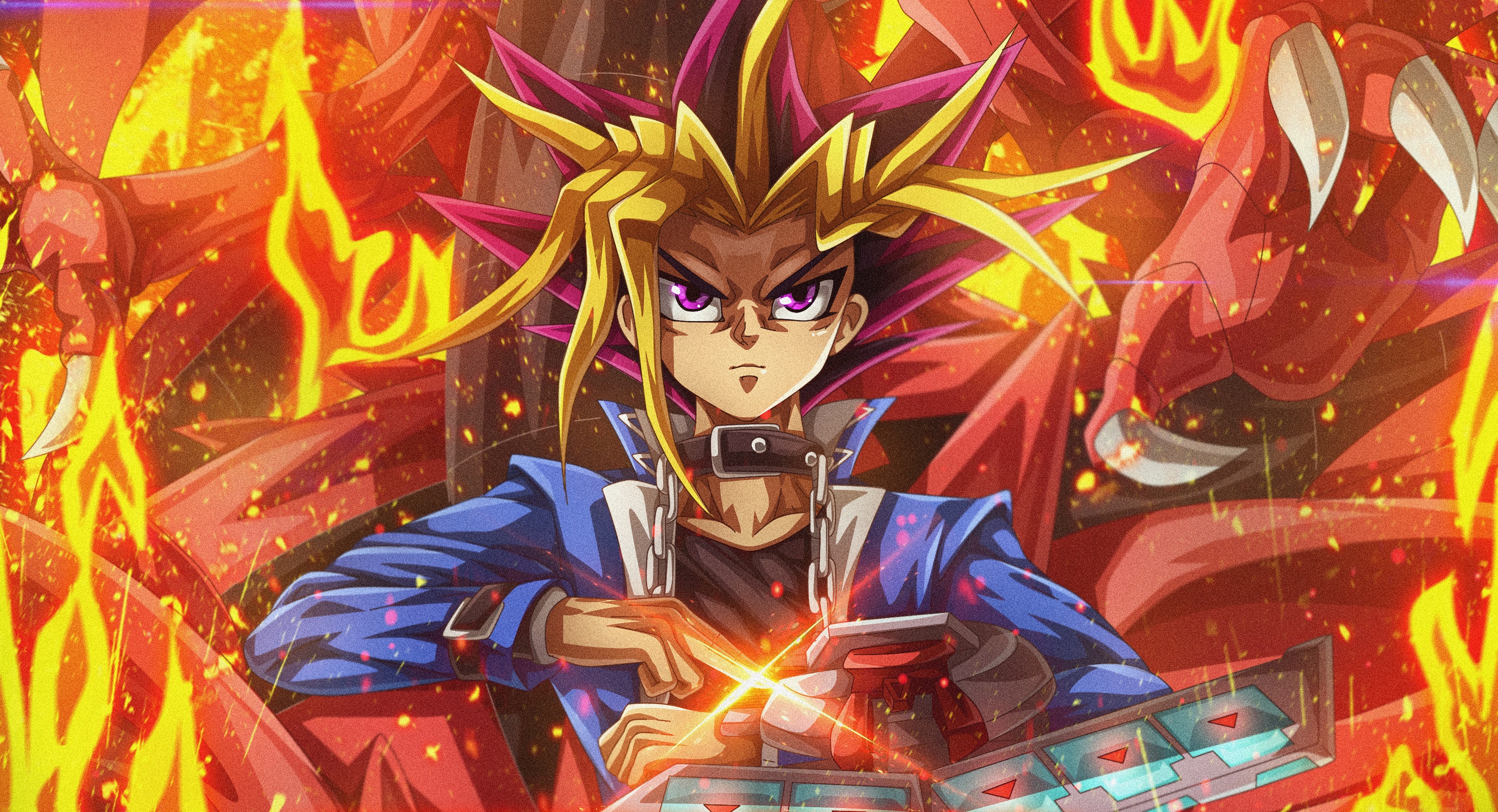 Anime 3040x1648 anime boys Slifer the Sky Dragon multi-colored hair collar fire Yami Yugi Yu-Gi-Oh! duel disk closed mouth purple eyes looking at viewer choker long hair creature claws collarbone chains