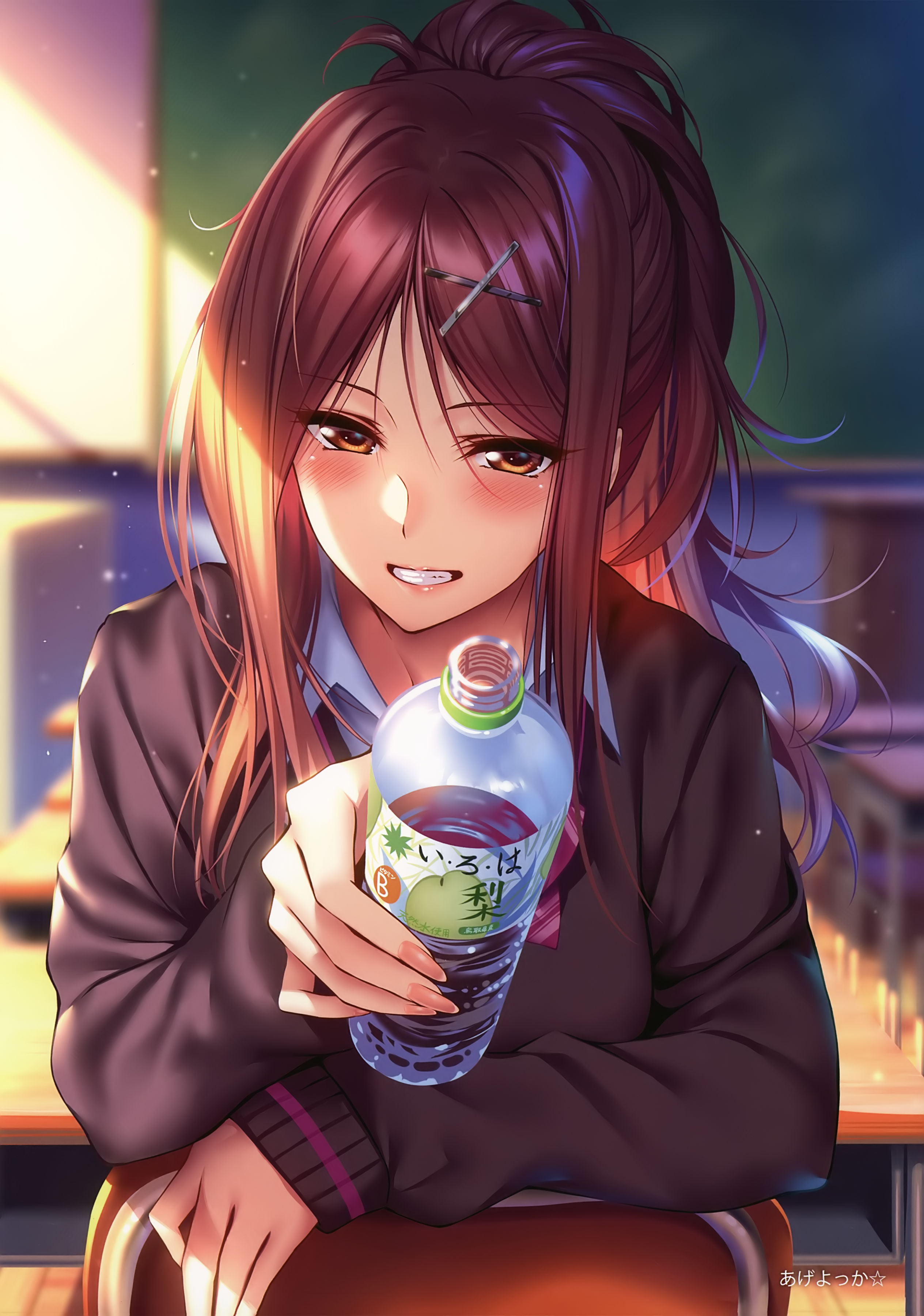 Anime 2528x3600 piromizu anime girls schoolgirl blushing water bottle sunset ponytail Pixiv