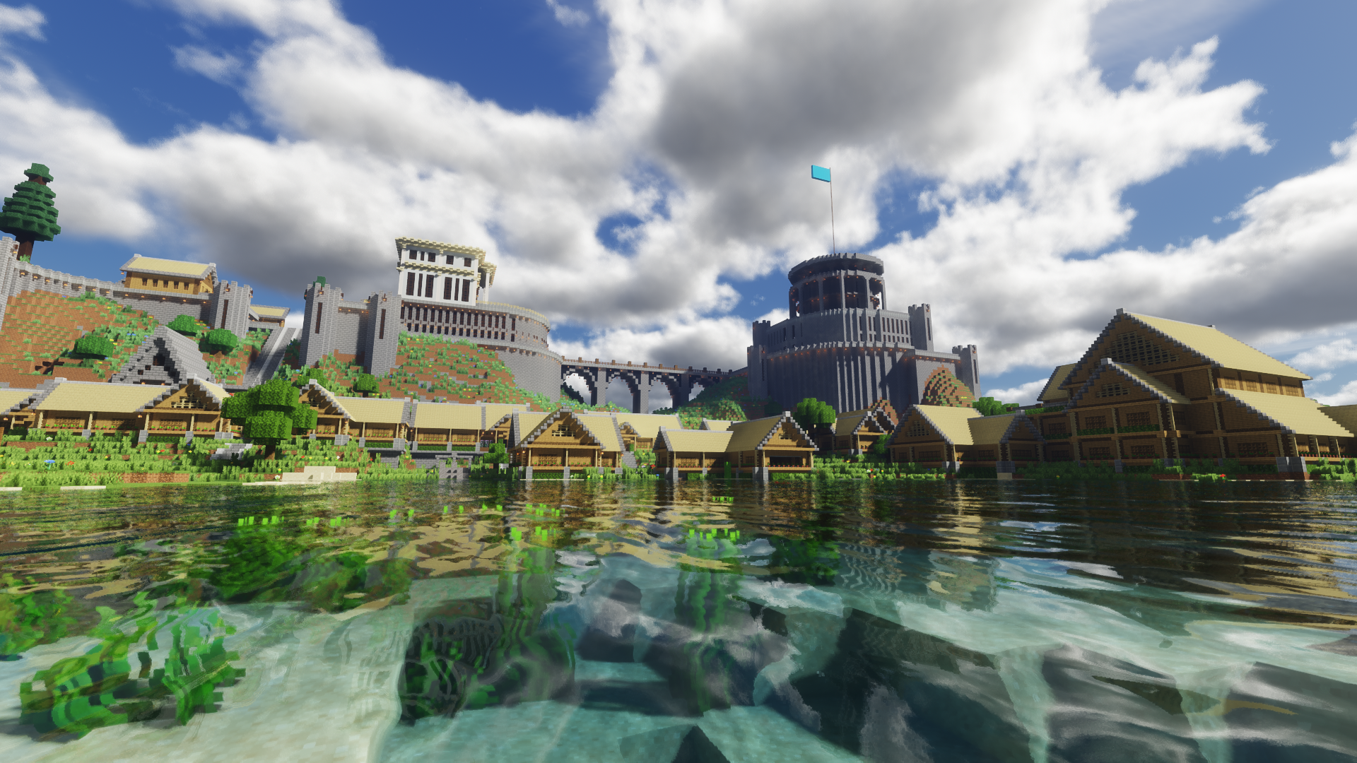 General 1920x1080 Minecraft building video games water clouds castle sky flag shaders