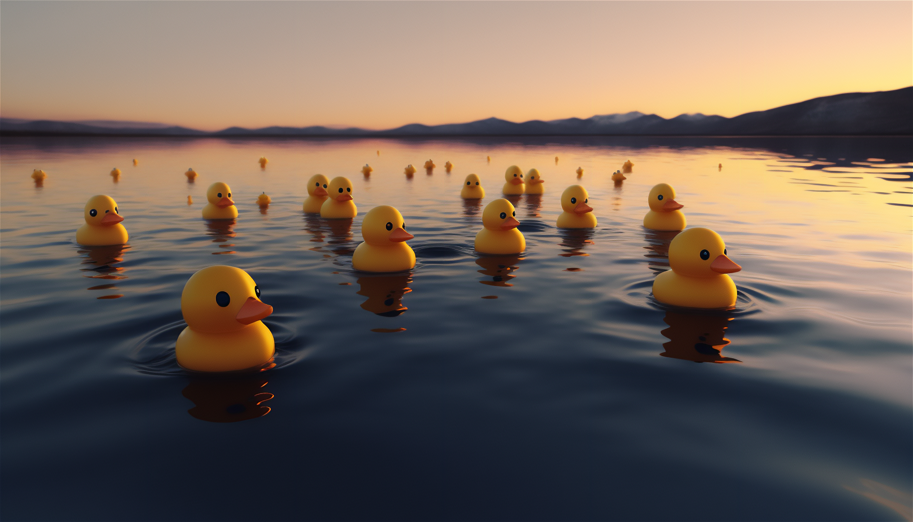 General 3136x1792 AI art rubber ducks sunset water sunset glow mountains