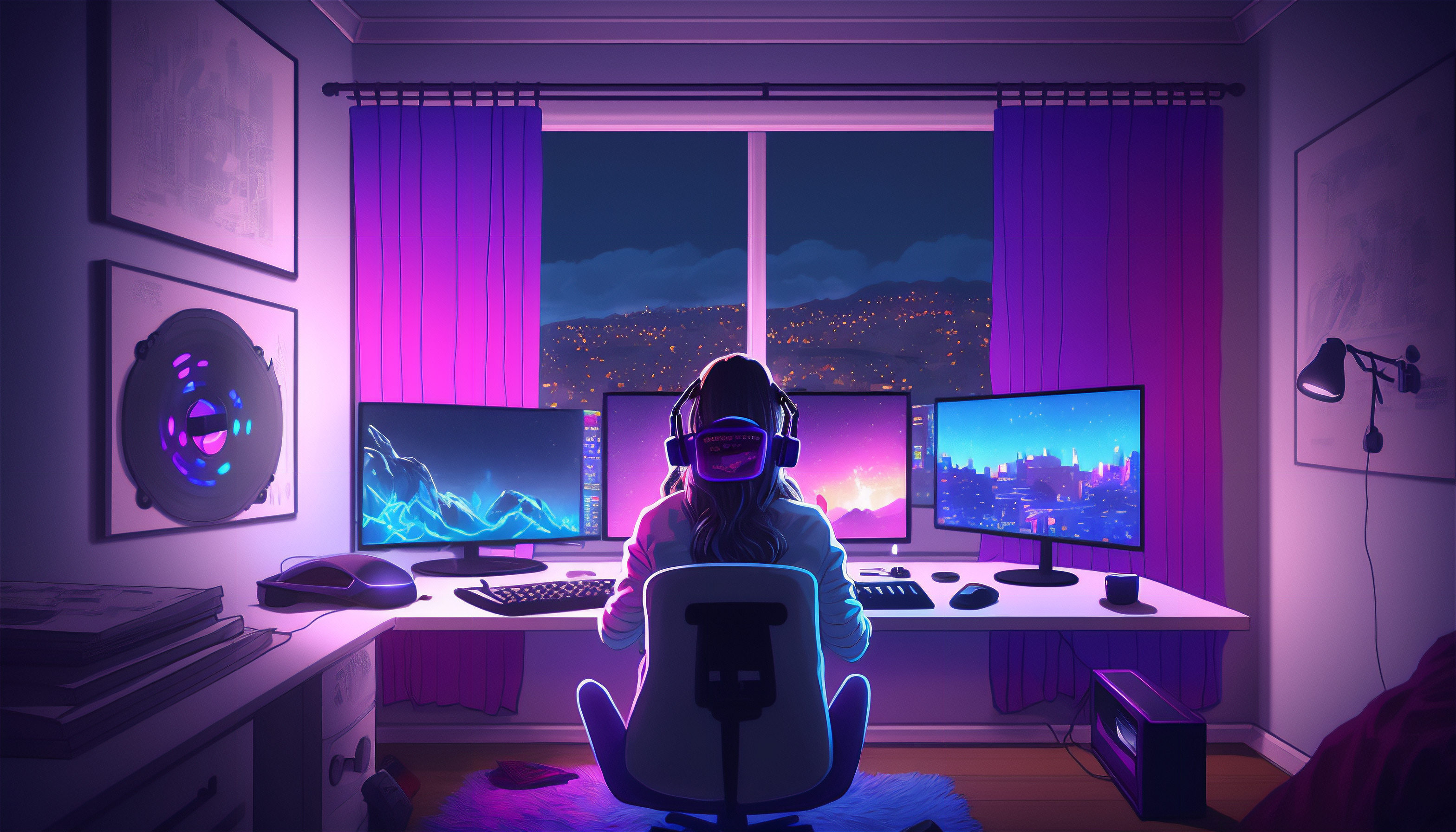 Streaming, gamer, illustration, computer, AI art, multiple display, gaming  chair | 3136x1792 Wallpaper 