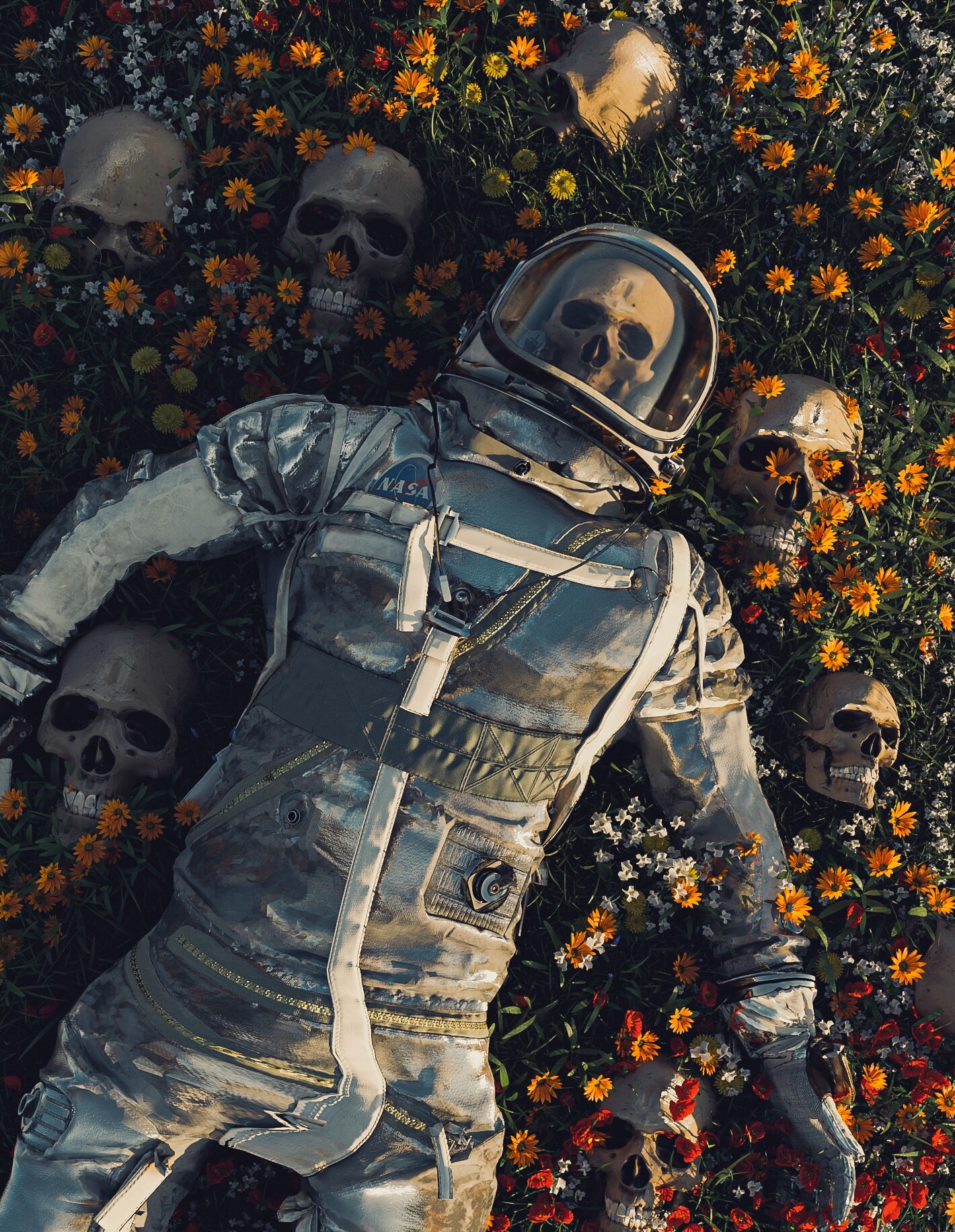 General 1420x1832 digital art artwork illustration astronaut skull portrait display flowers lying down death NASA spacesuit