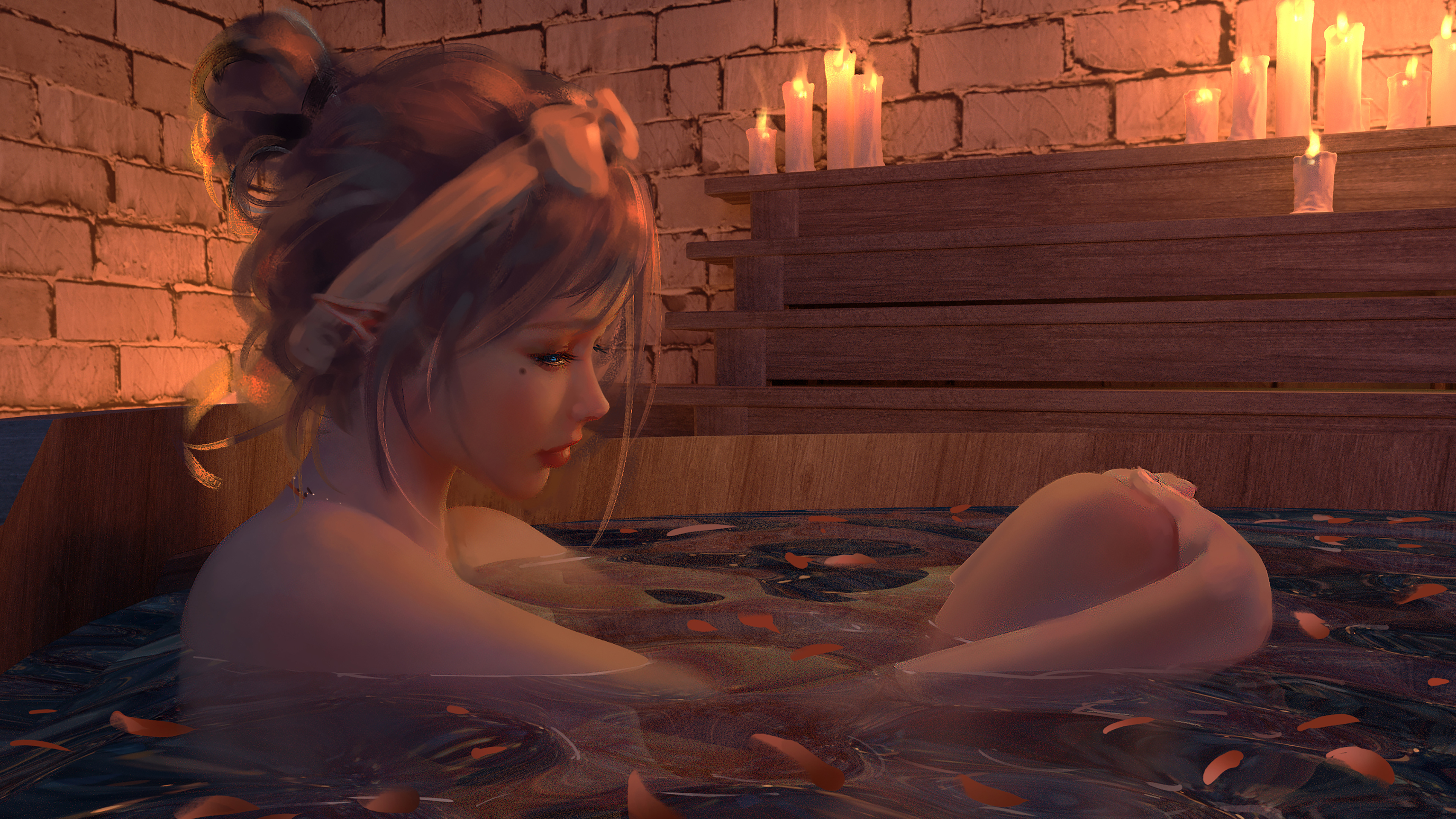 Anime 3840x2160 fantasy girl elves blonde digital art bath candles bathing in water petals moles mole under eye hairbun