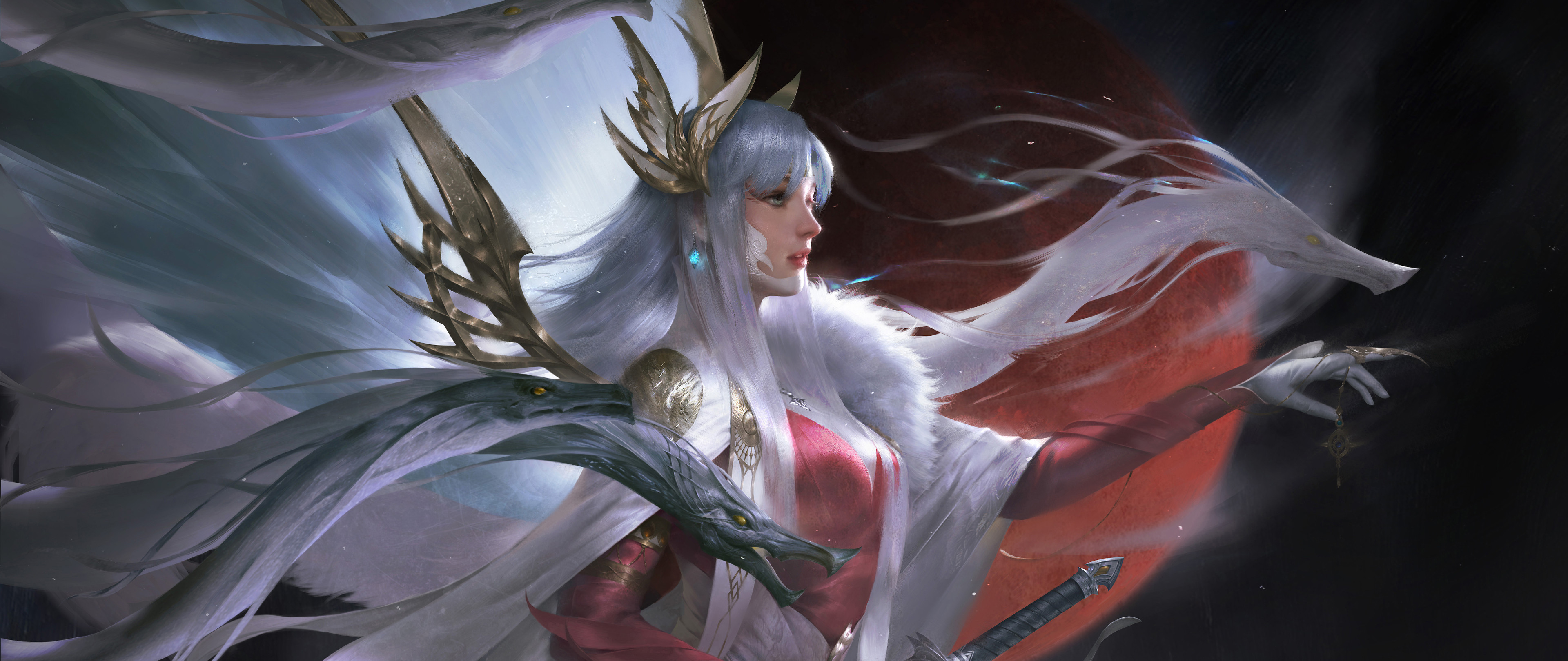 General 3840x1620 Zhichao Cheng digital art artwork illustration fantasy art fantasy girl women white hair snake long hair Naraka: Bladepoint