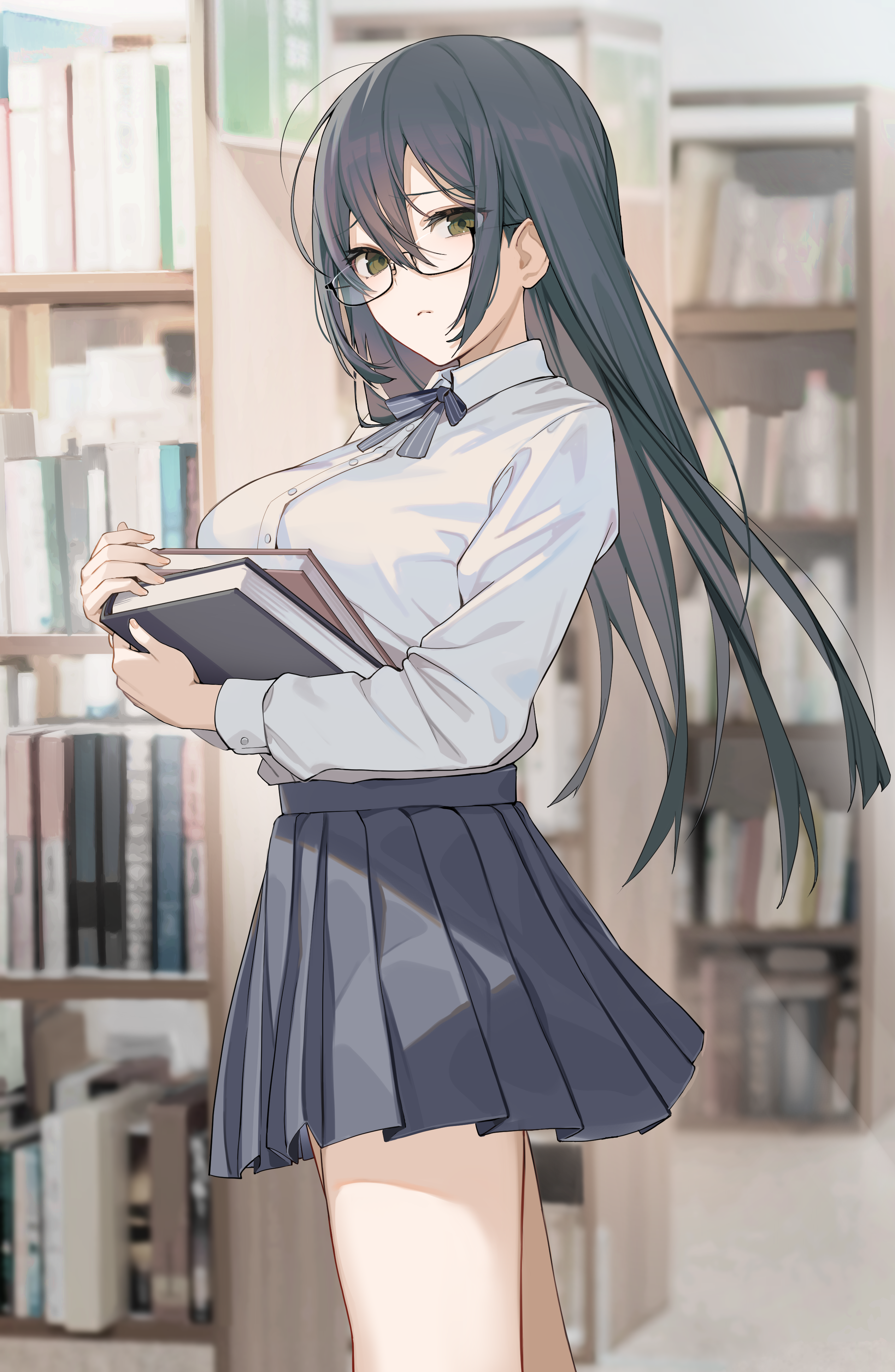 Anime 2533x3883 anime girls Icomochi library school uniform portrait display schoolgirl glasses skirt books bow tie long hair looking at viewer