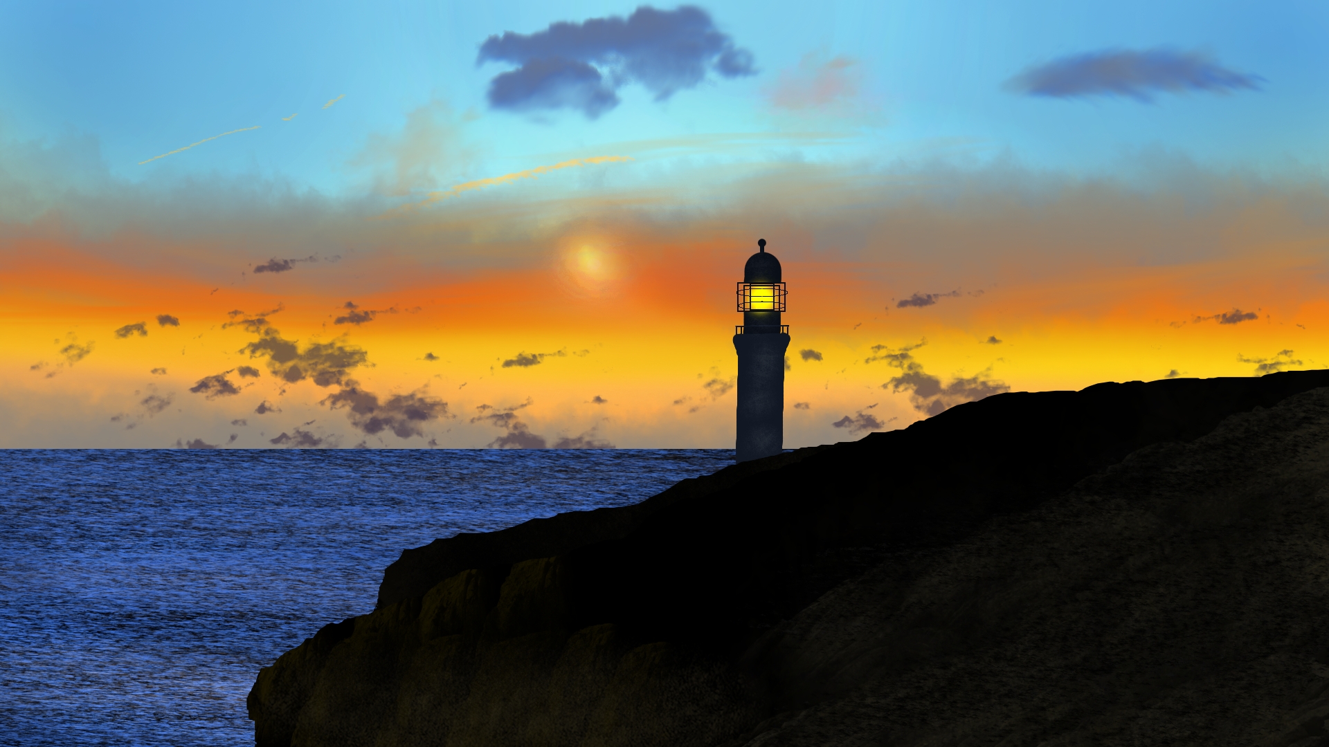 General 1920x1080 digital painting digital art lighthouse landscape twilight silhouette water sunset glow sky clouds
