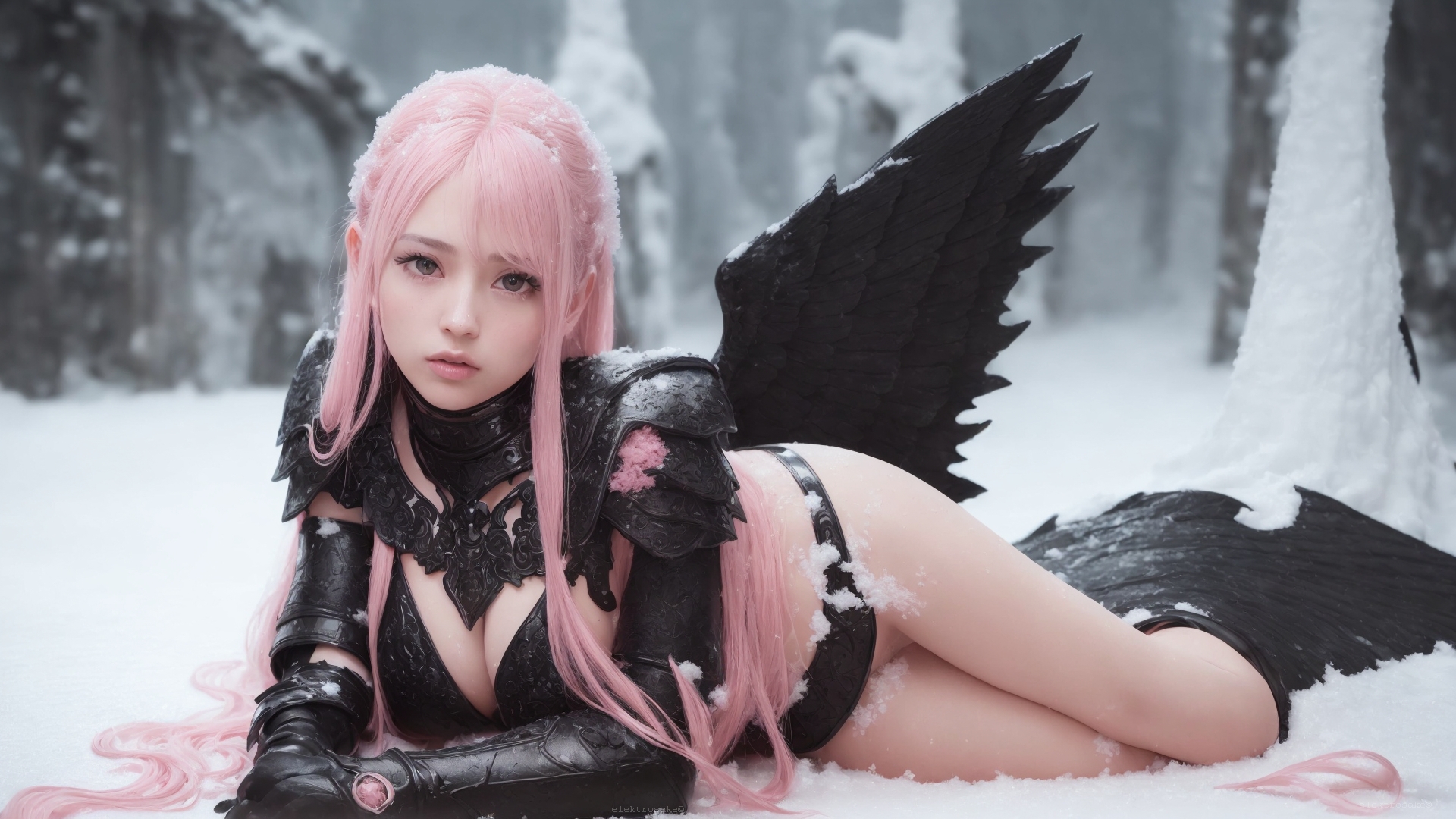 General 1920x1080 digital art fantasy art pink hair black armor female warrior anime girl with wings snow covered angel fan art Heaven and Hell women AI art Asian