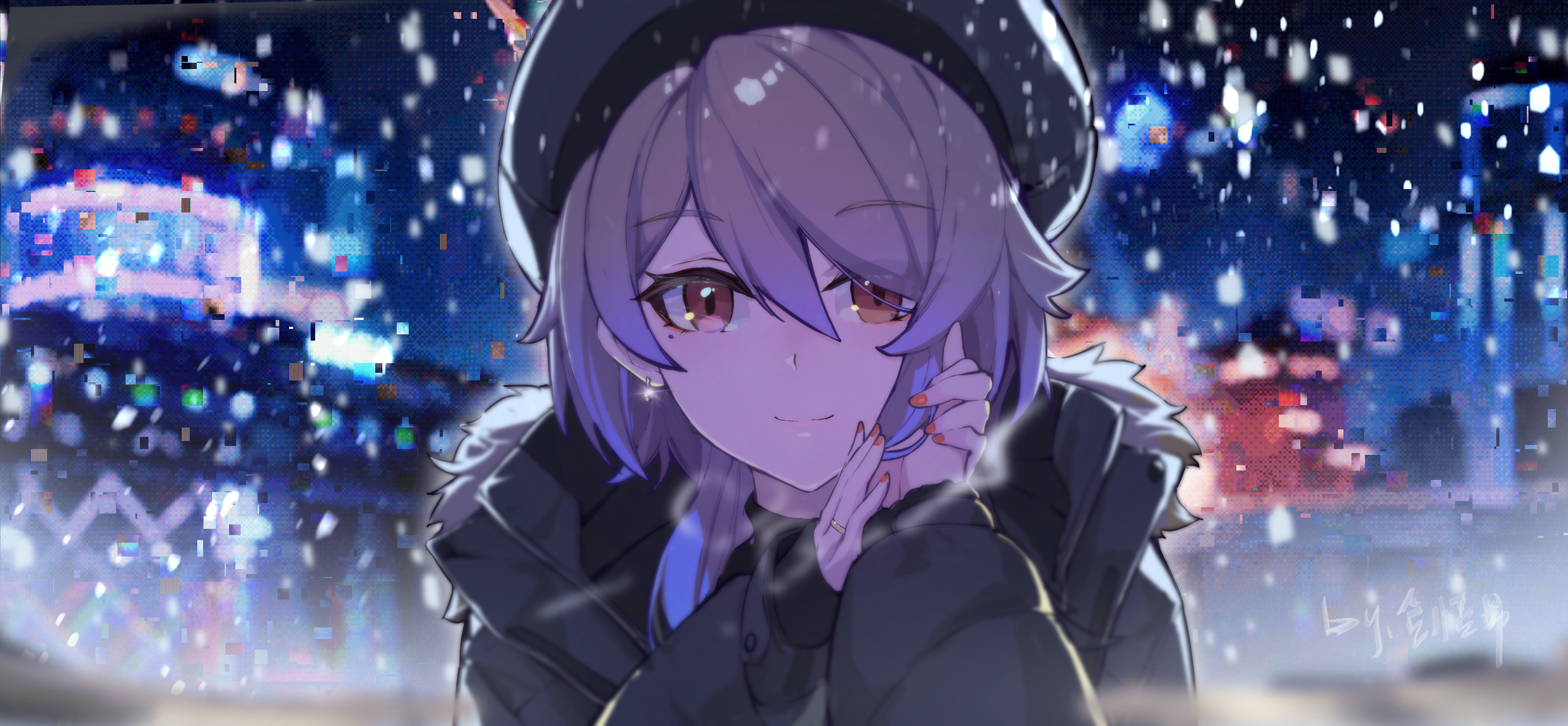 Anime 3498x1620 Honkai Impact 3rd fan art Honkai Impact artwork Rita Rossweisse hat snow earring rings hand on face moles mole under eye anime girls face looking at viewer smiling cold coats snowflakes night