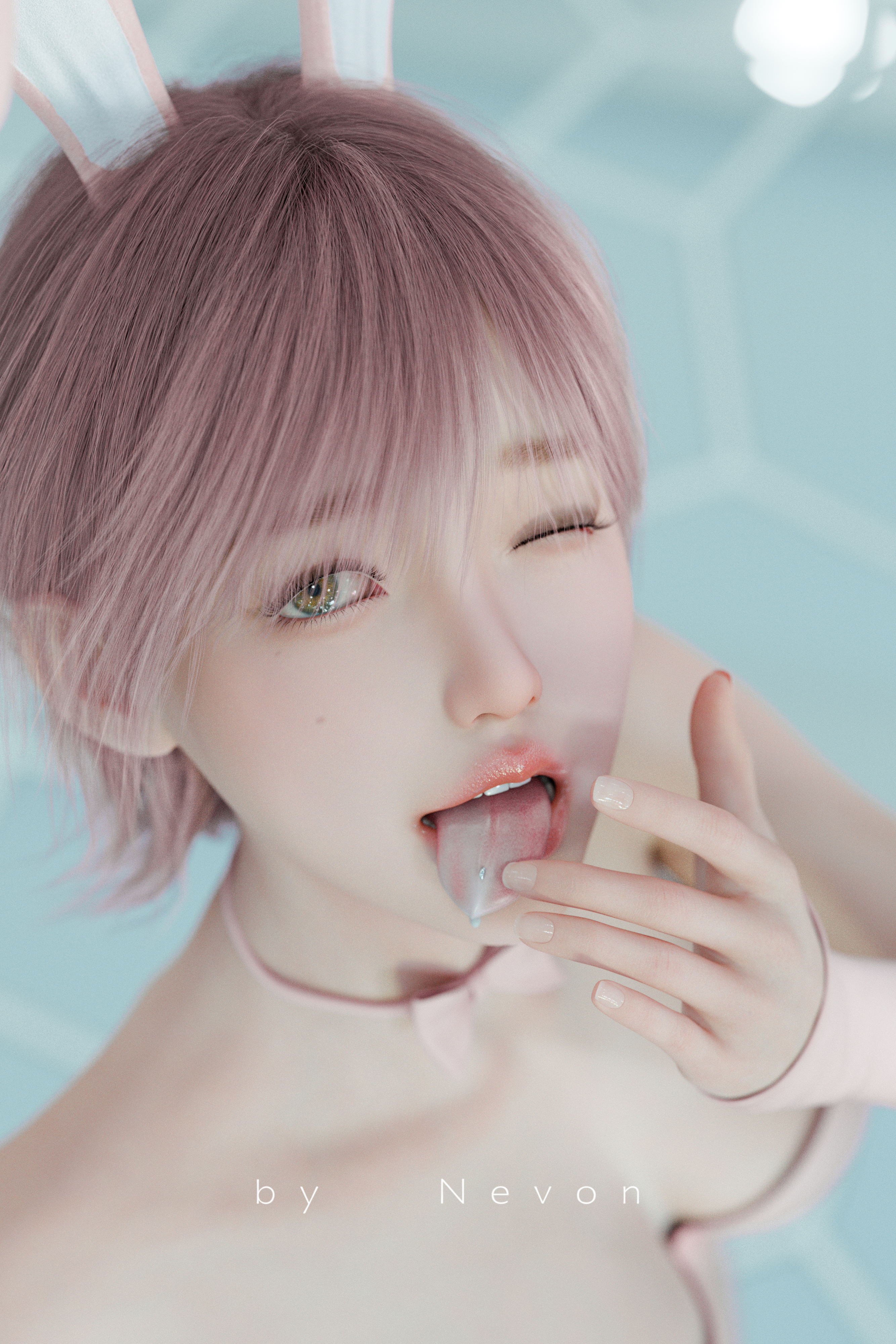 General 2667x4000 Nevon digital art illustration women short hair portrait display CGI Asian bunny ears suggestive watermarked looking at viewer wink tongue out