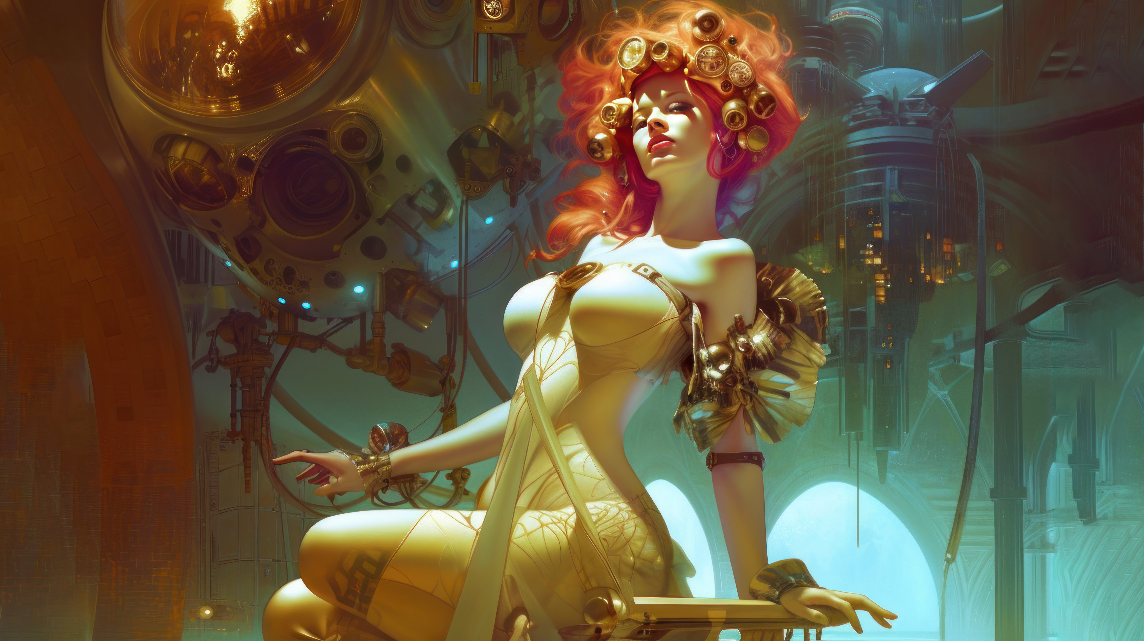 General 3854x2160 AI art women science fiction illustration redhead head tilt