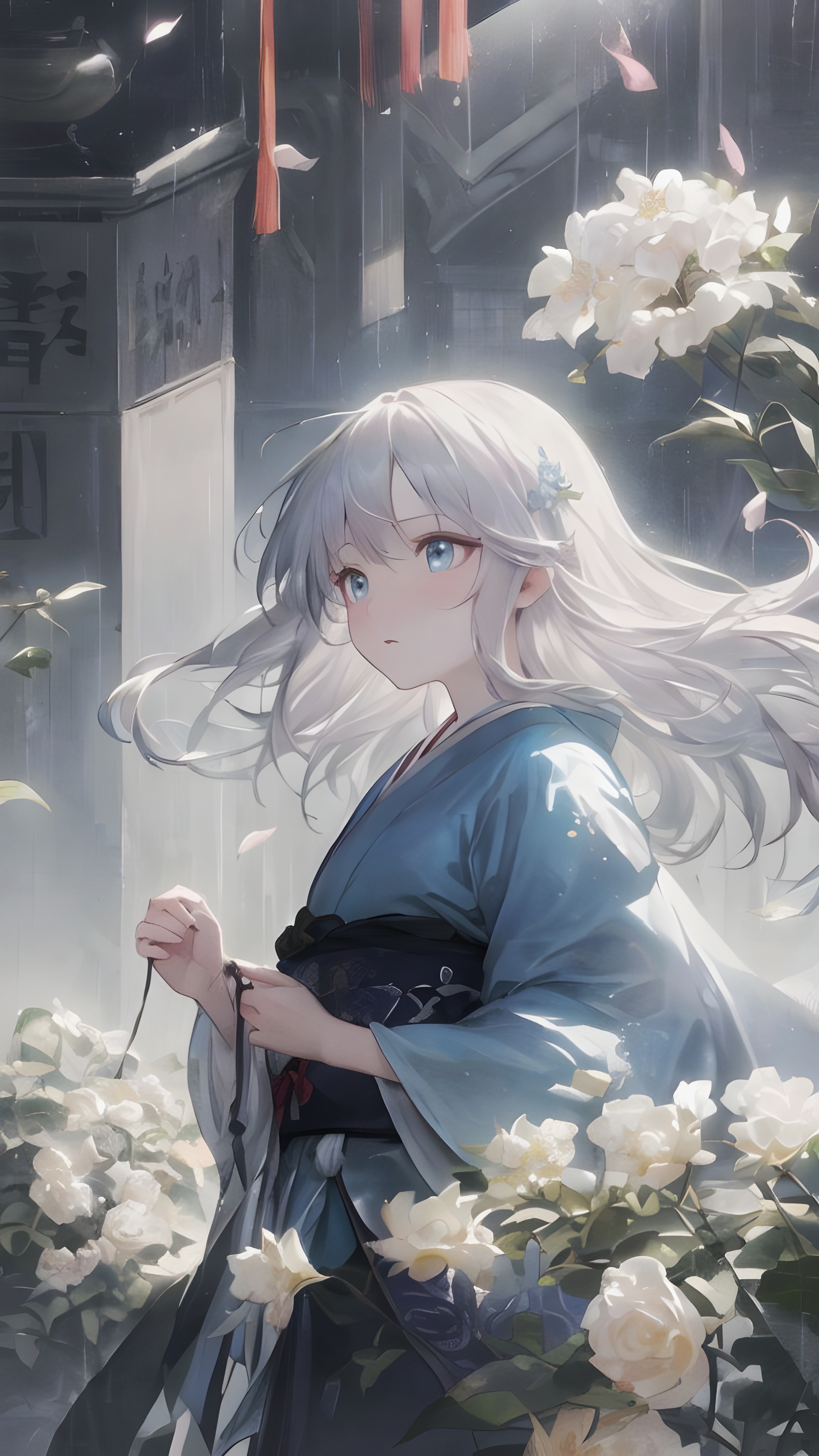Anime 2304x4096 digital art AI art blue eyes silver hair portrait display anime girls flowers kimono petals