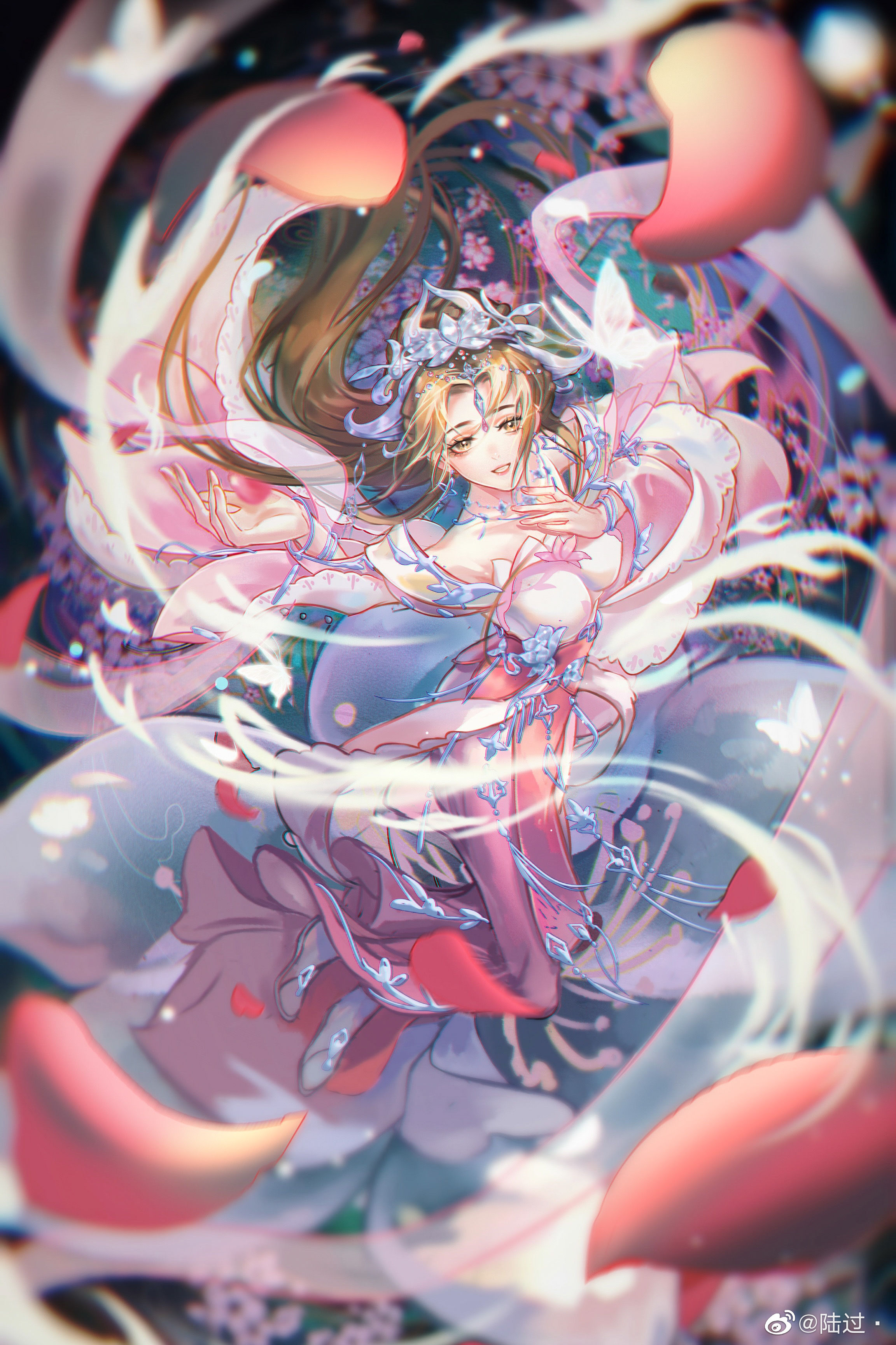 Anime 2304x3456 Mengmeng Liaoliao petals Chi Lian women dress long hair brunette bare shoulders hairbun jewelry smiling high angle tiaras flowers floating falling butterfly yellow eyes bracelets anime girls spell looking at viewer portrait display pink dress