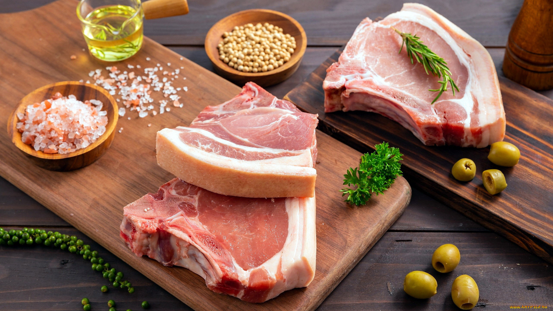 General 1920x1080 food meat olives pork cutting board salt parsley rosemary spices