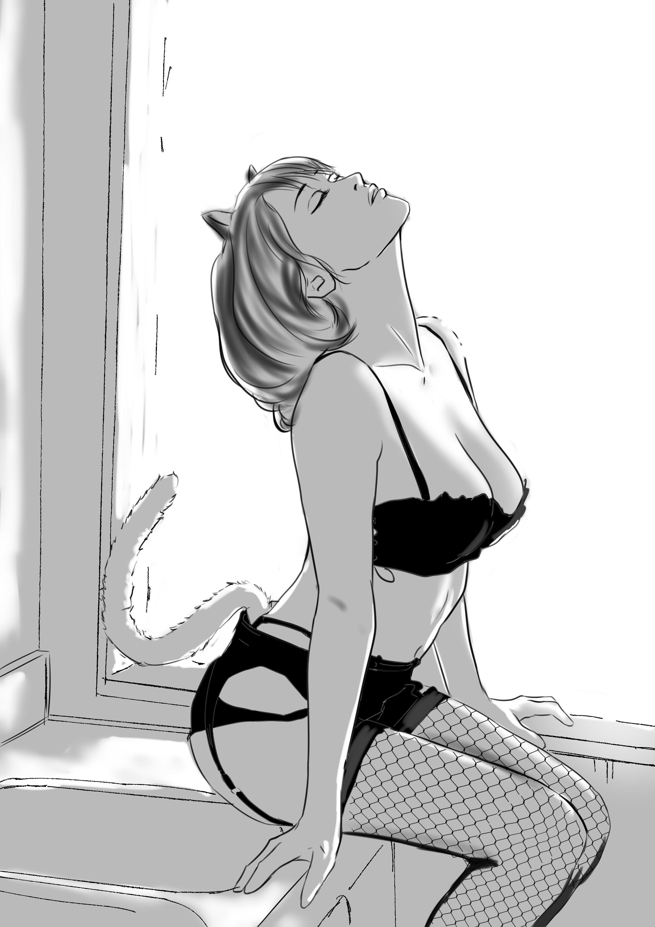 General 2480x3508 Âu Trung closed eyes cat ears portrait display cat girl digital painting cat tail sitting by the window pencil drawing drawing black lingerie artwork fishnet stockings fishnet digital art ArtStation indoors lingerie bra stockings