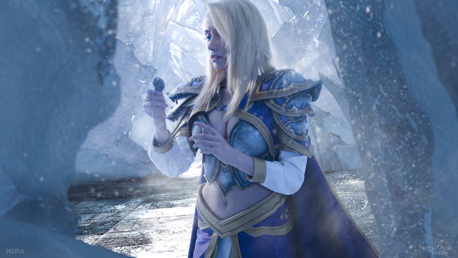 People 1600x900 Narga-Lifestream women cosplay Warcraft World of Warcraft Jaina Proudmoore blonde long hair straight hair frown blue eyes robes magician ice snow