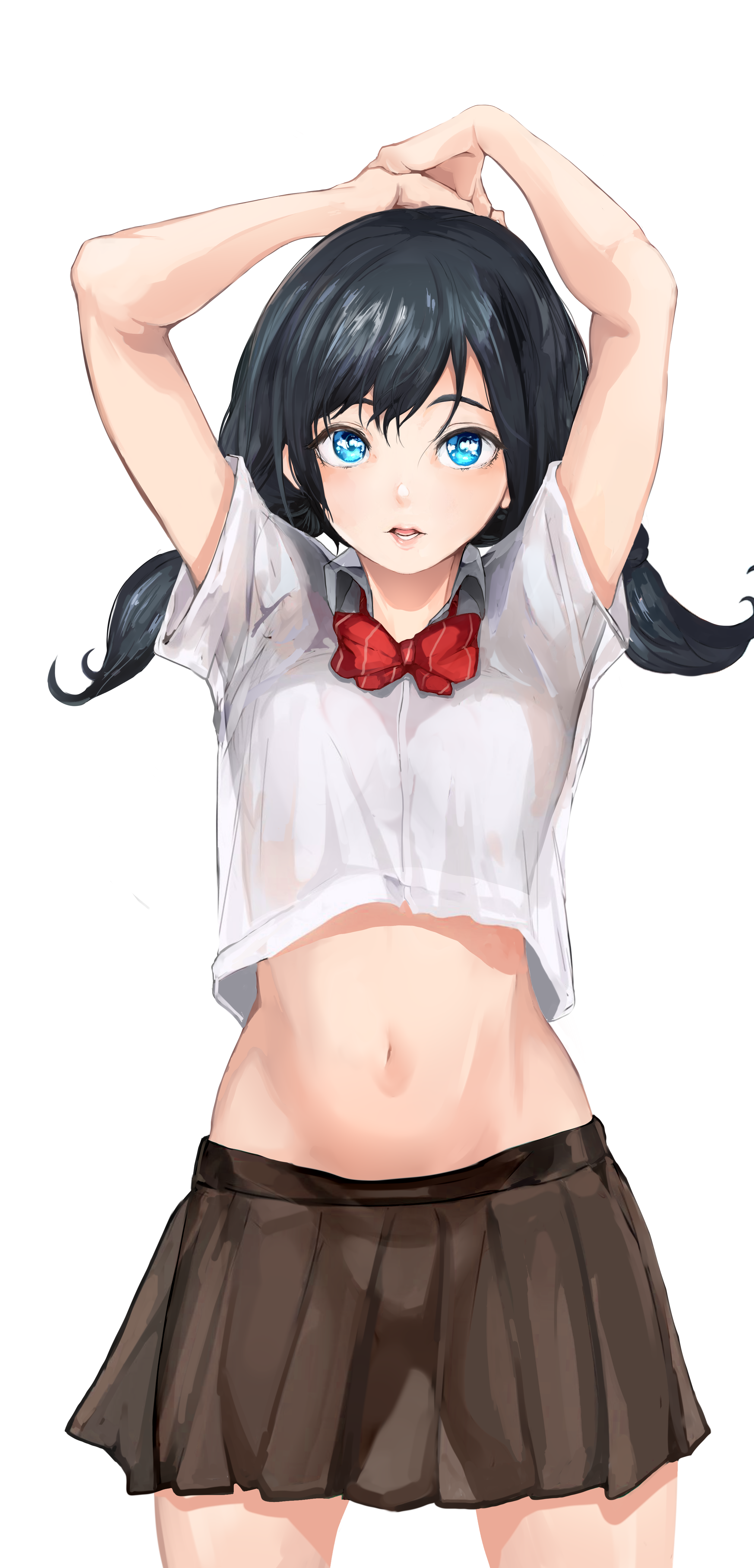 Anime 2500x5200 2D artwork Mamimi anime girls school uniform bare midriff arms up black hair blue eyes see-through clothing belly belly button bow tie red tie