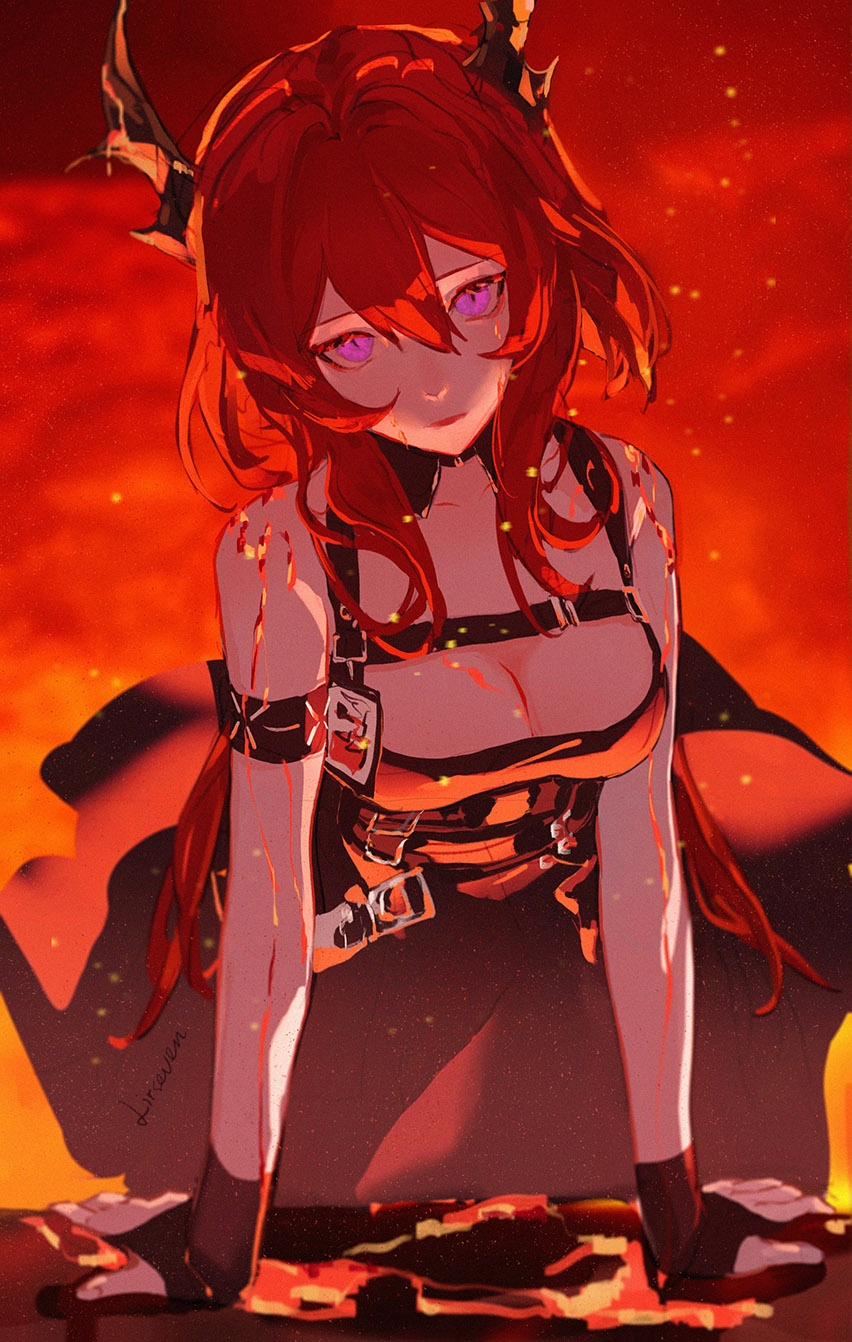 Anime 852x1342 anime girls anime Arknights Surtr (Arknights) redhead looking at viewer cleavage purple eyes Lirseven