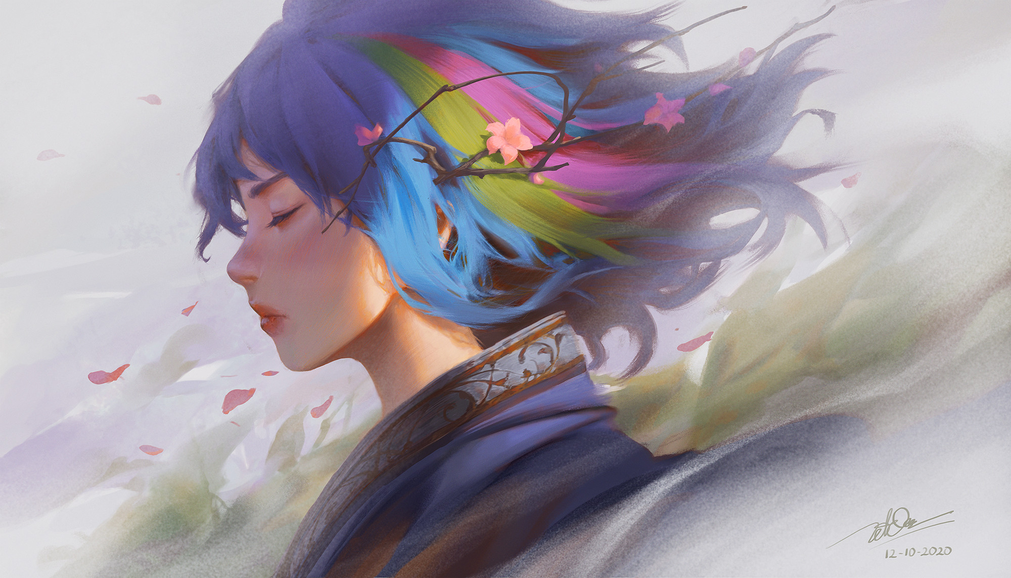General 2000x1143 artwork women closed eyes colorful fantasy art fantasy girl face profile 2020 (Year) Dao Trong Le painting