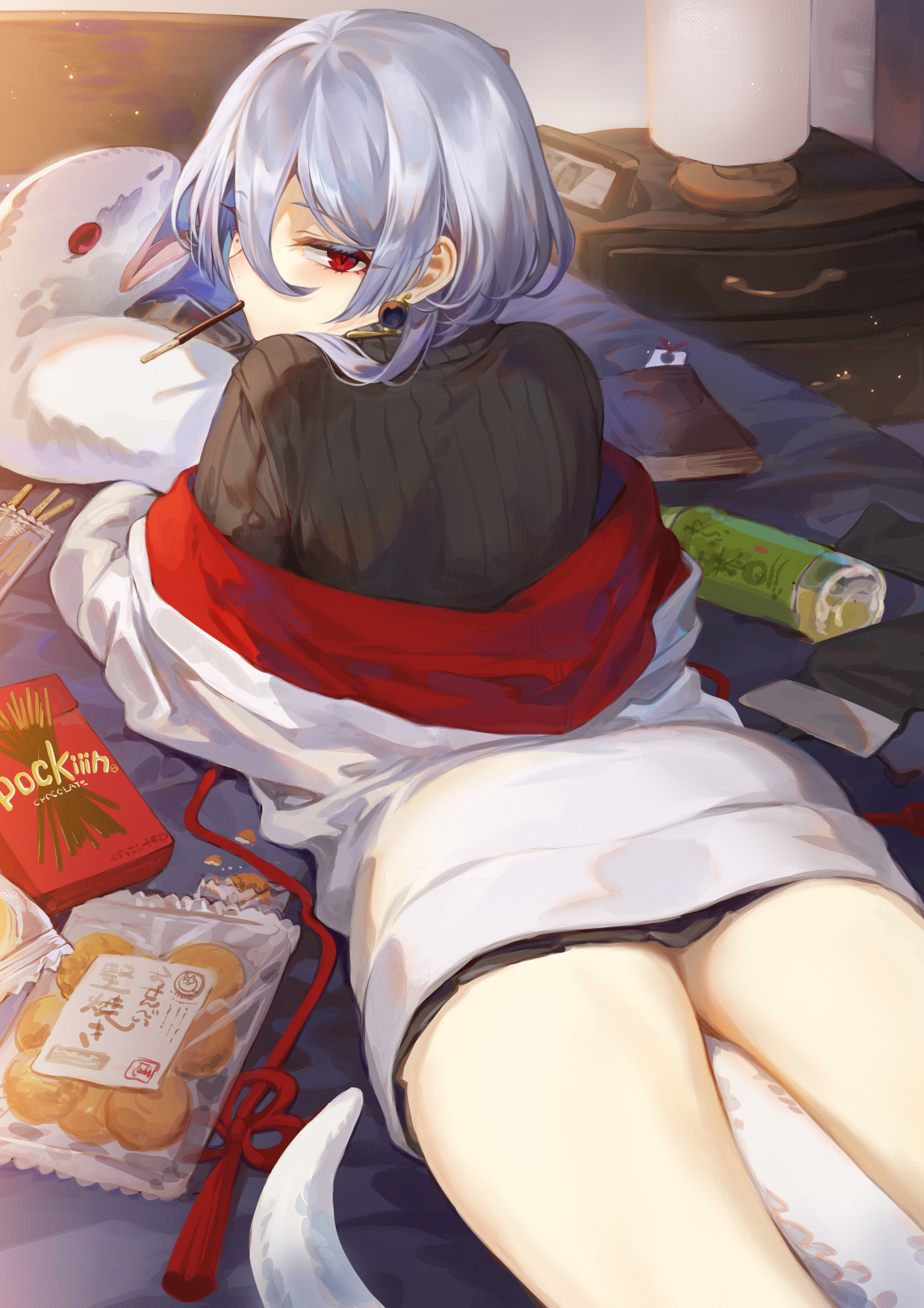 Anime 1447x2047 anime anime girls 2D digital art artwork portrait display in bed lying on front ass silver hair red eyes food snacks Mashu 003
