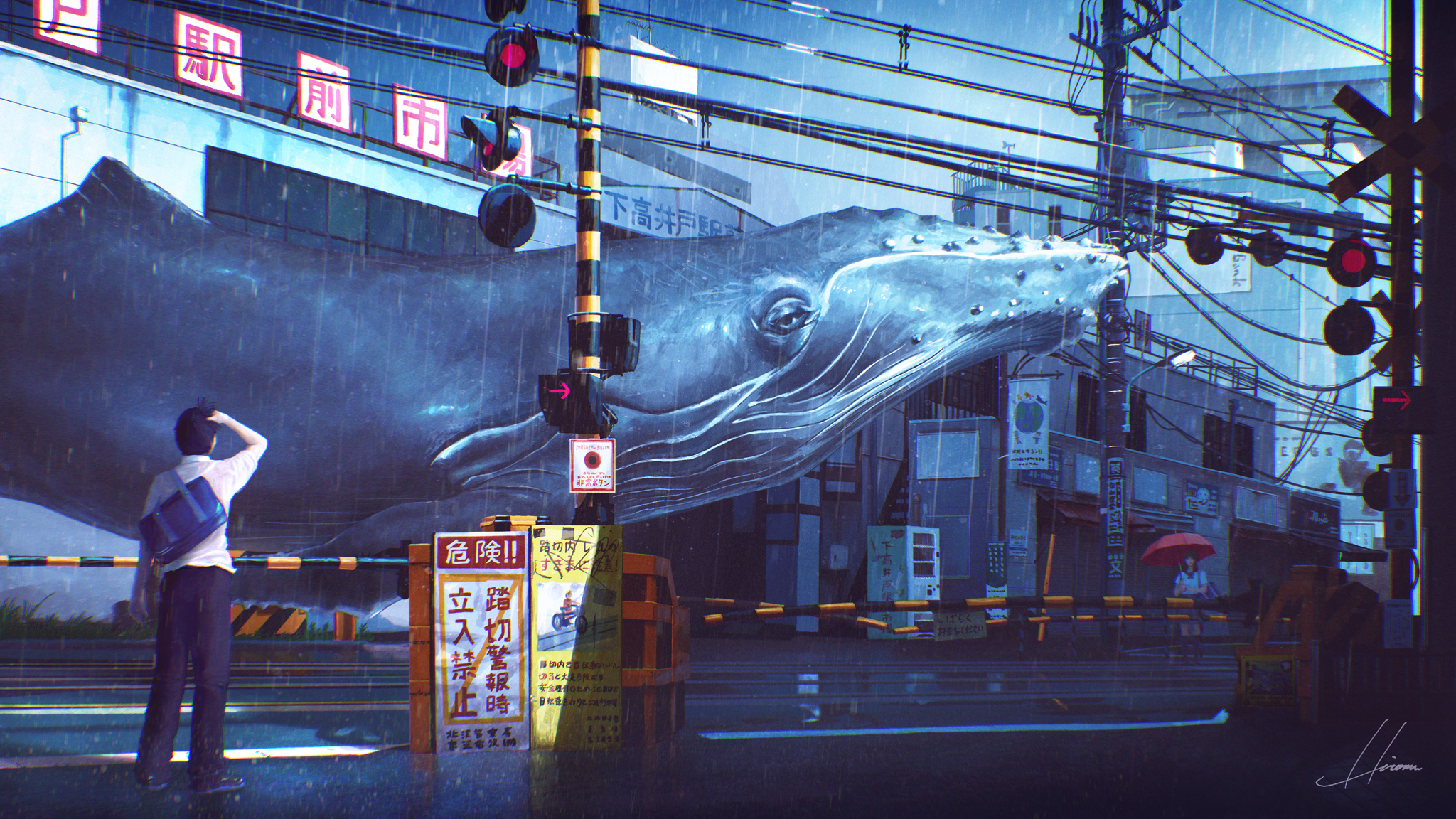 Anime 2048x1152 whale anime Japanese Art rain