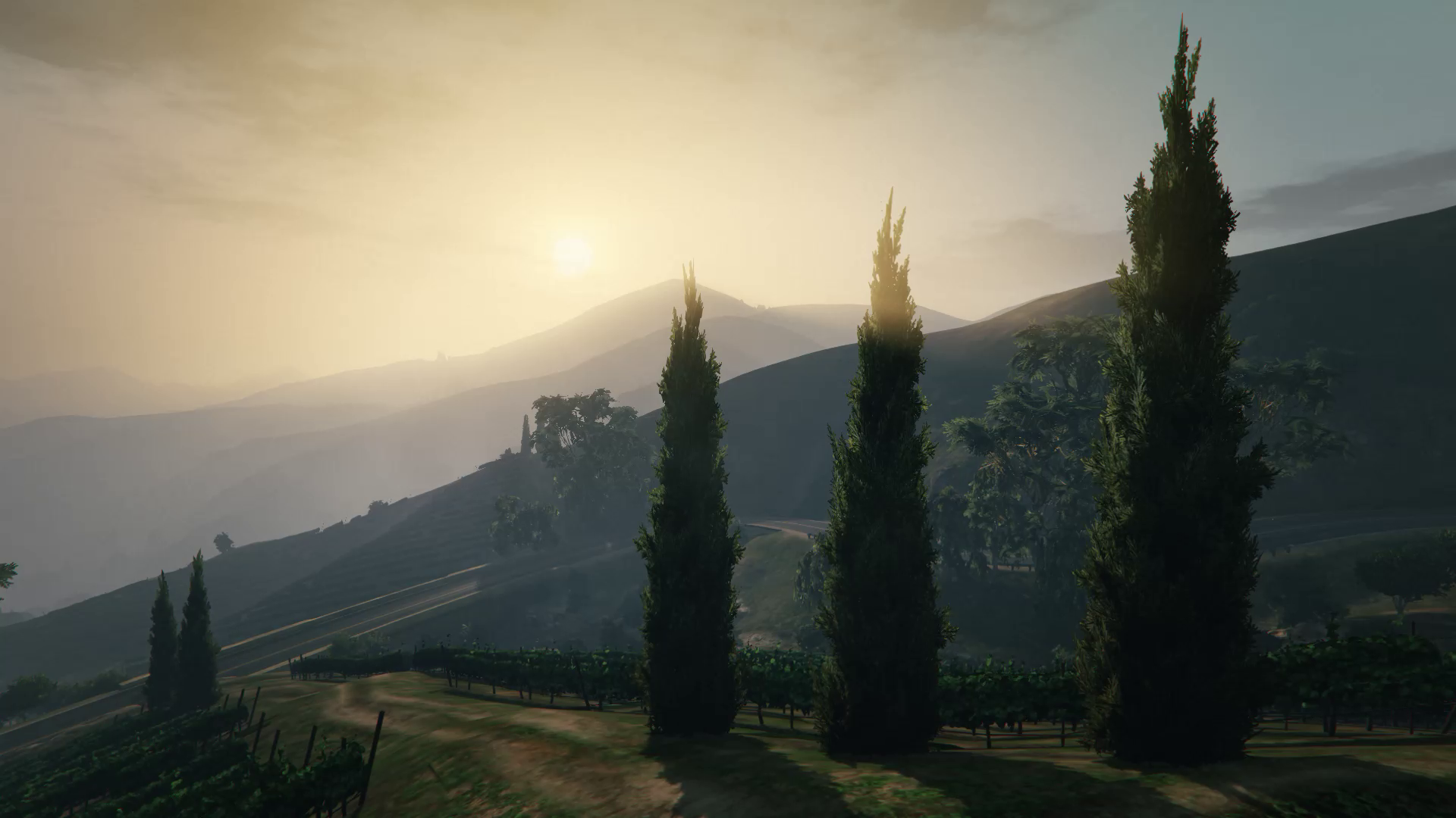 General 1920x1080 trees sunrise Grand Theft Auto V Grand Theft Auto Online Tongva Hills video games Rockstar Games hills