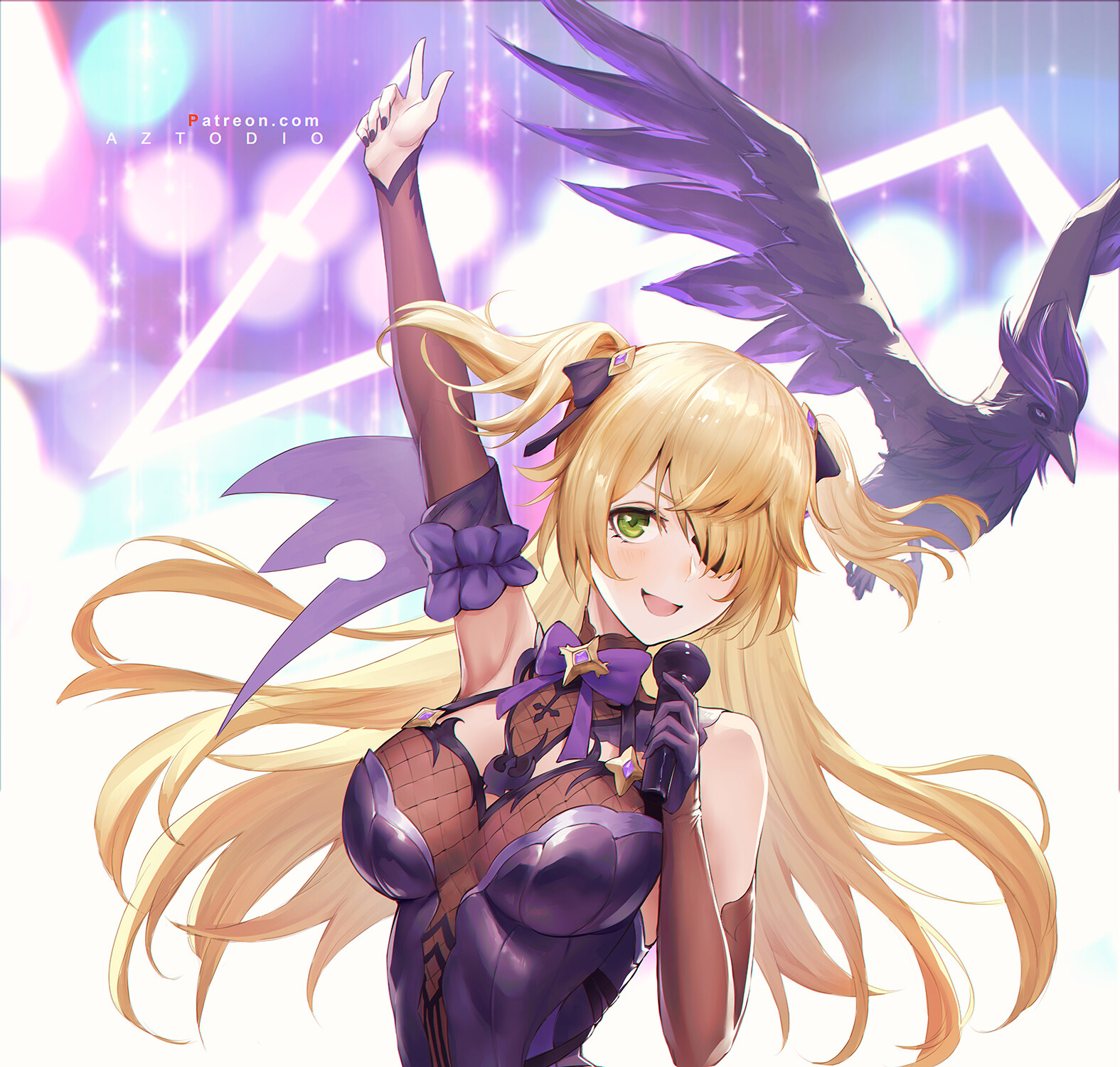 Anime 1575x1500 Azto Dio drawing Genshin Impact Fischl (Genshin Impact) blonde long hair green eyes raven purple bodysuit see-through clothing microphone sleeveless anime girls hair covering eyes singer music arms up birds animals open mouth looking at viewer eyepatches video game girls video game characters bright