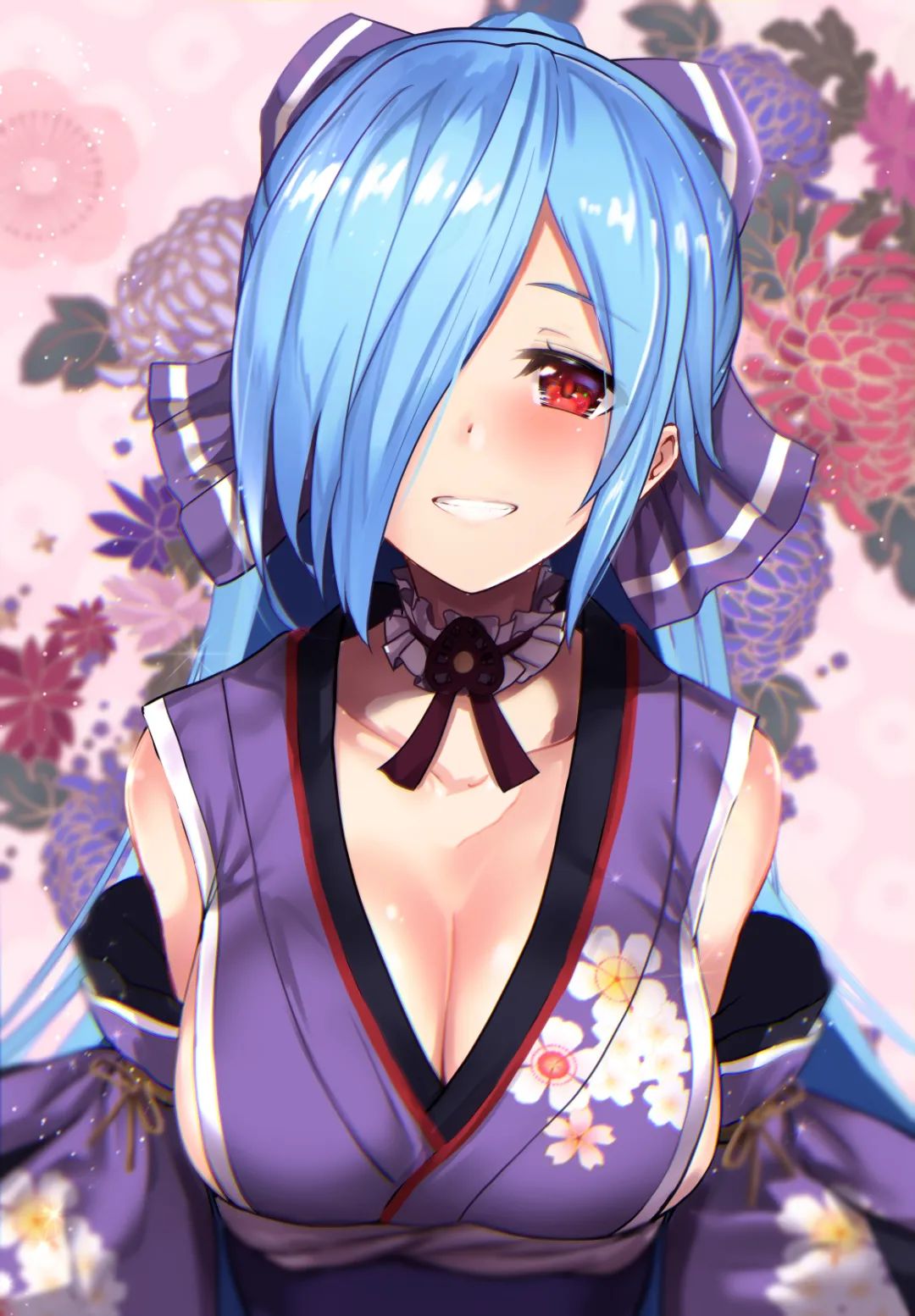 Anime 1080x1554 anime girls kimono blue hair red eyes smiling cleavage Untue