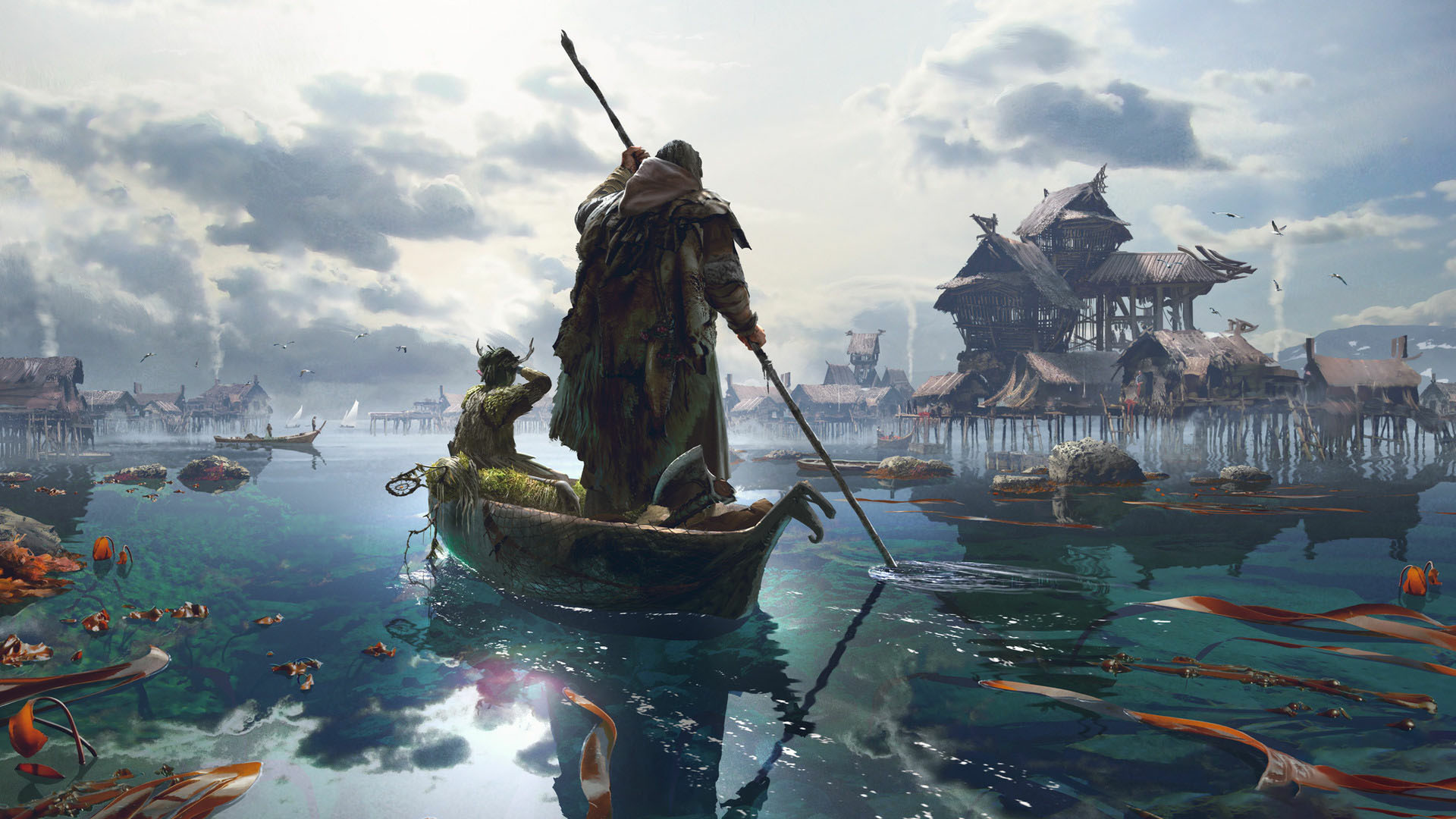 Anime 1920x1080 video games video game art fantasy art boat water sky vehicle village