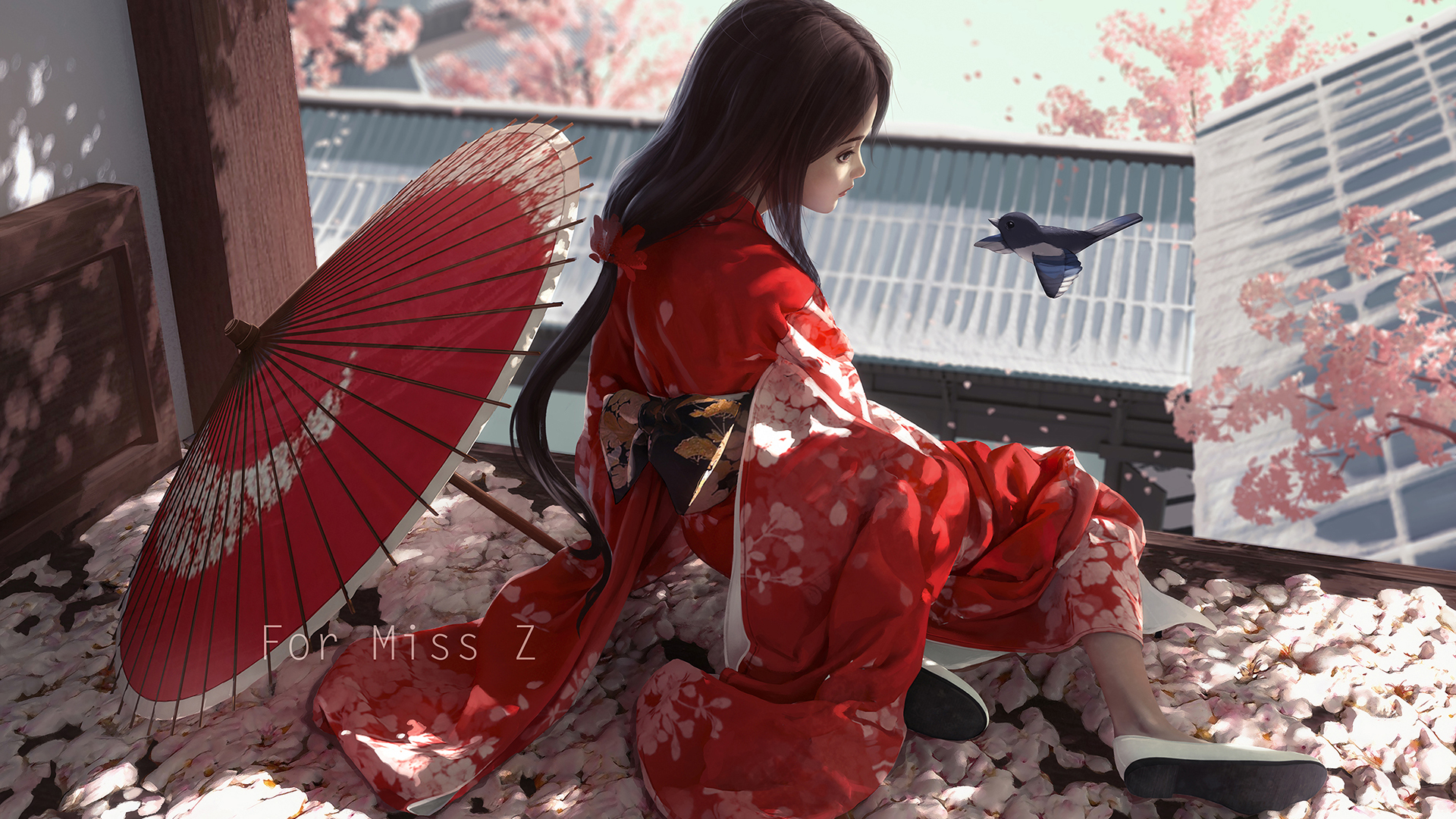 Anime 1920x1080 long hair brunette umbrella birds kimono high angle