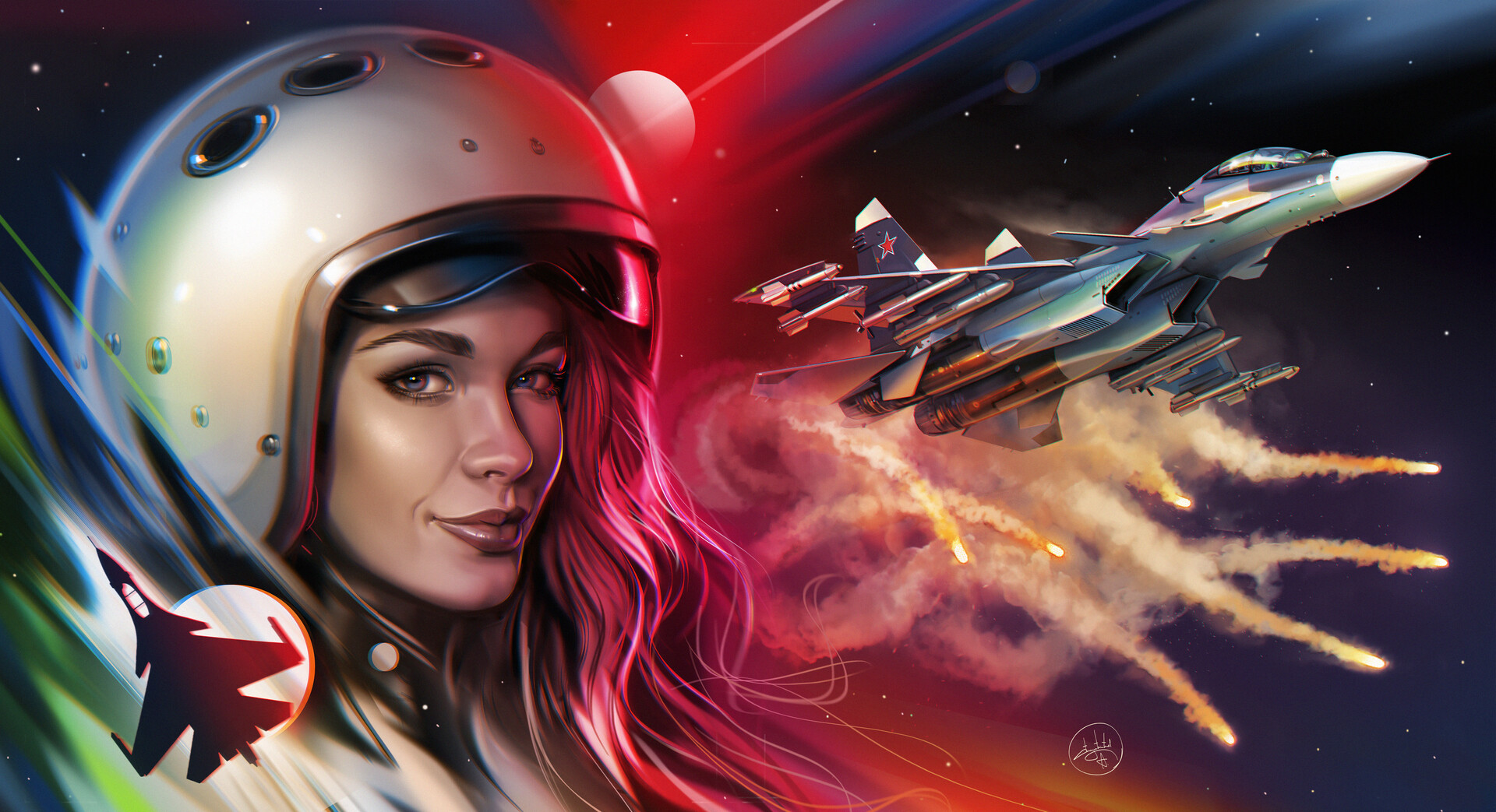 General 1920x1043 women helmet long hair jet fighter missiles Sukhoi Su-30 Aleksandr Sidelnikov flares Russian/Soviet aircraft stars Sukhoi flying signature looking at viewer closed mouth space