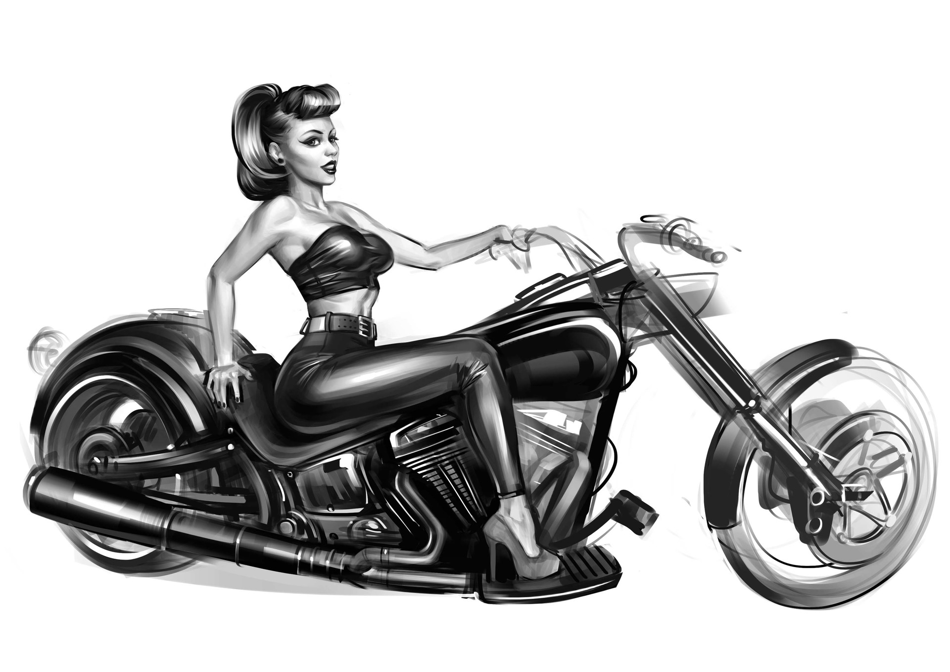 General 1920x1357 Aleksandr Sidelnikov biker motorcycle pinup models women monochrome simple background women with motorcycles