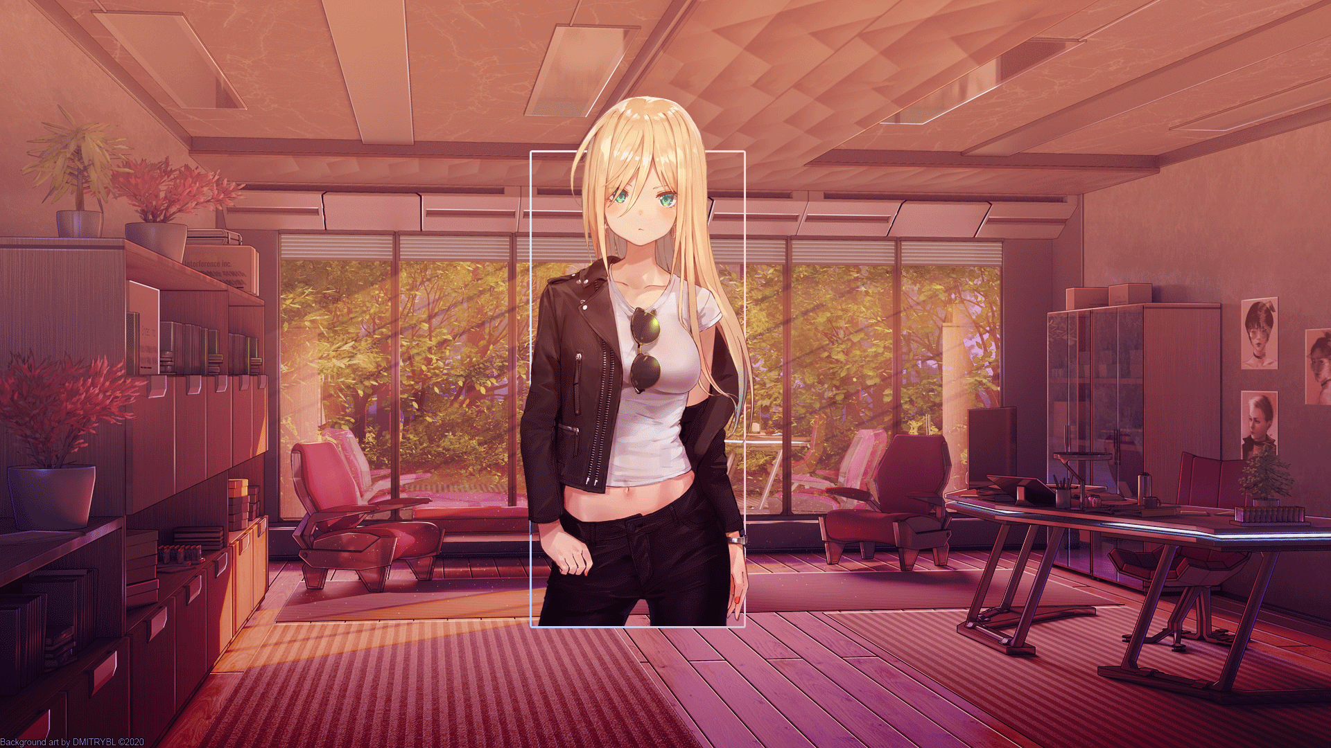 Anime 1920x1080 anime anime girls room photoshopped digital art blonde shades standing belly green eyes interior