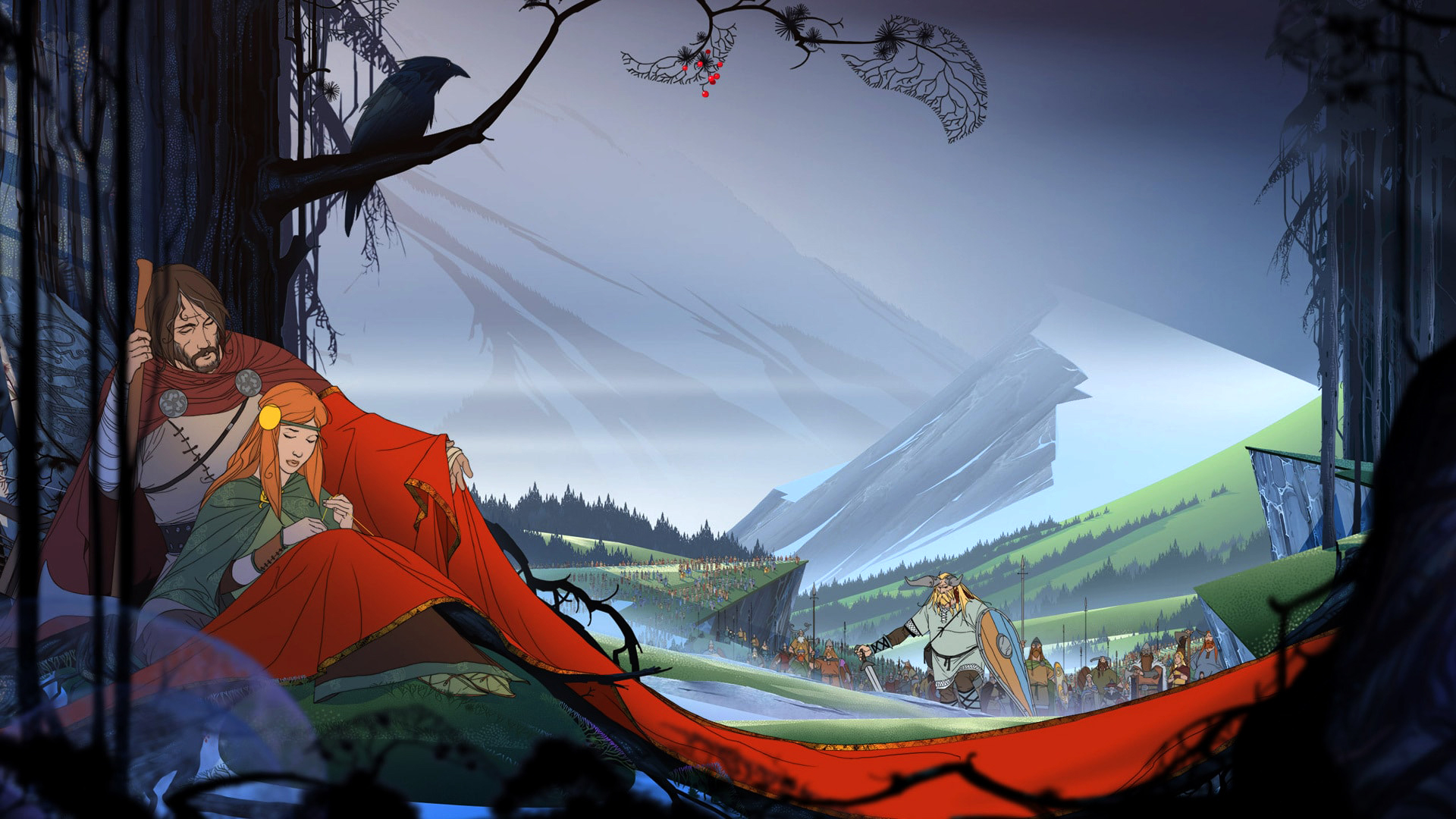 General 1920x1080 The Banner Saga Stoïc Vikings redhead father mountains trees RPG video game art video game characters Varl shield horns fantasy art cuddle