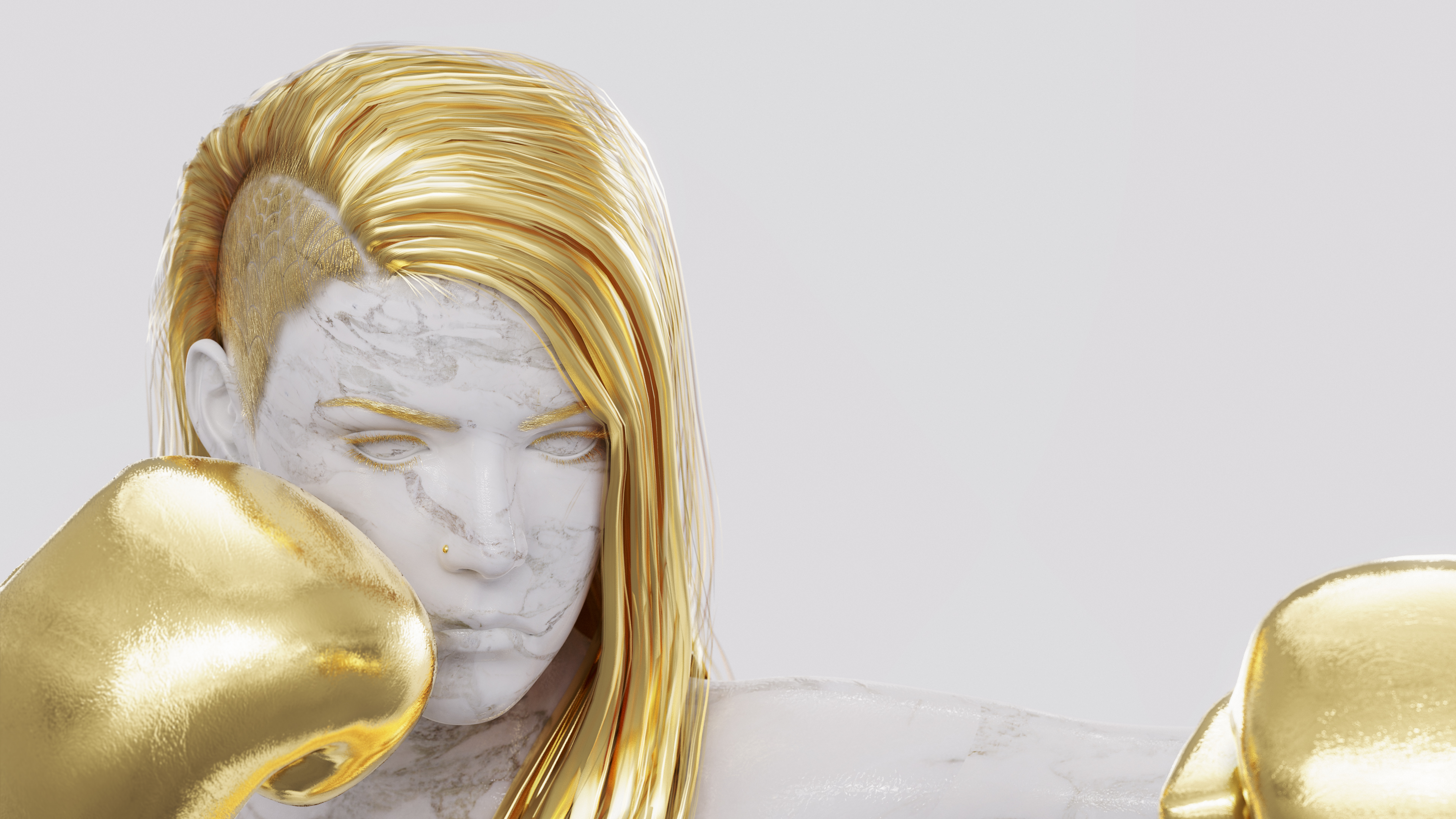 General 3840x2160 marble gold boxing left hook blonde guard CGI digital art minimalism white background women