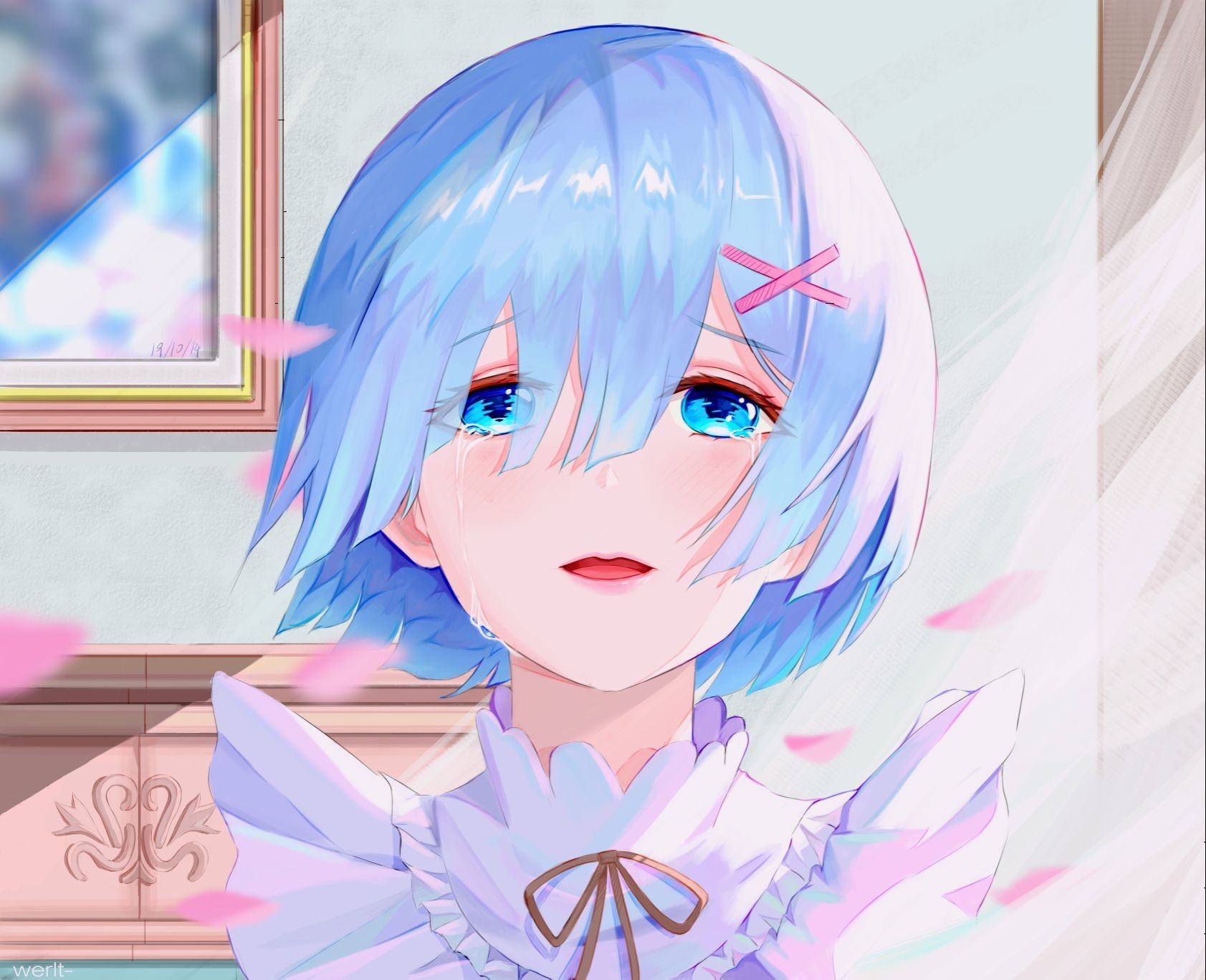 Anime 1683x1368 Re:Zero Kara Hajimeru Isekai Seikatsu anime girls 2D fan art digital art short hair blue hair maid outfit blue eyes Rem (Re:Zero) crying petals