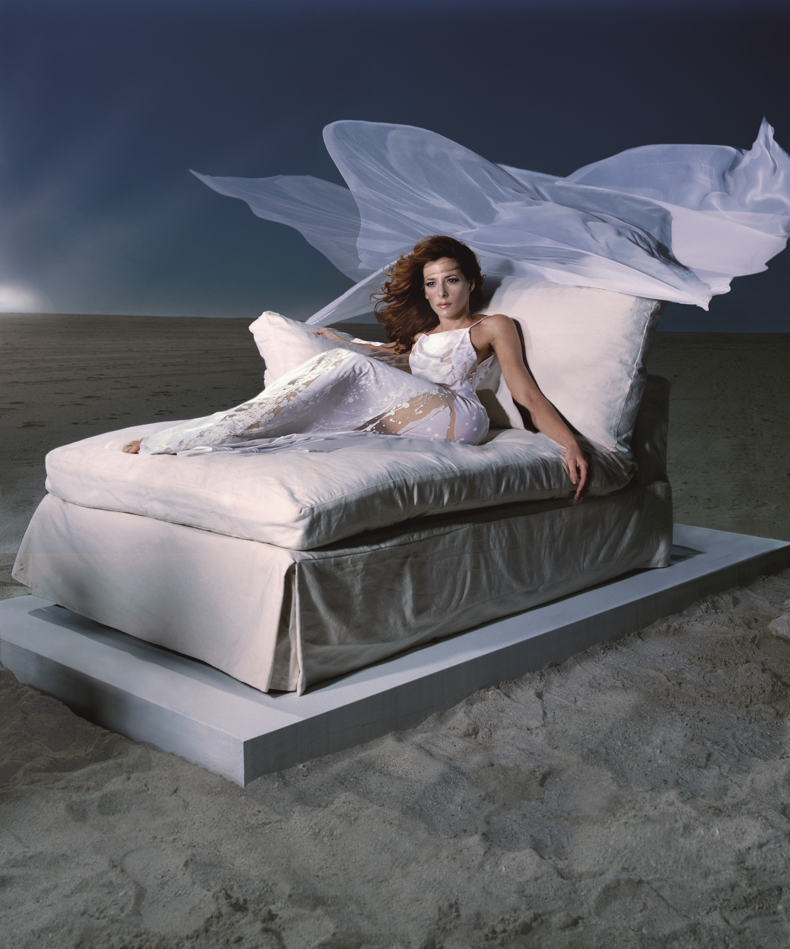 People 2674x3211 Mylène Farmer French singer redhead clear sky bed torn clothes women